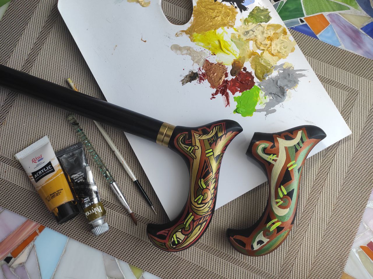 Celtic Raven Walking Stick Hand Painted Black Derby Wooden Cane