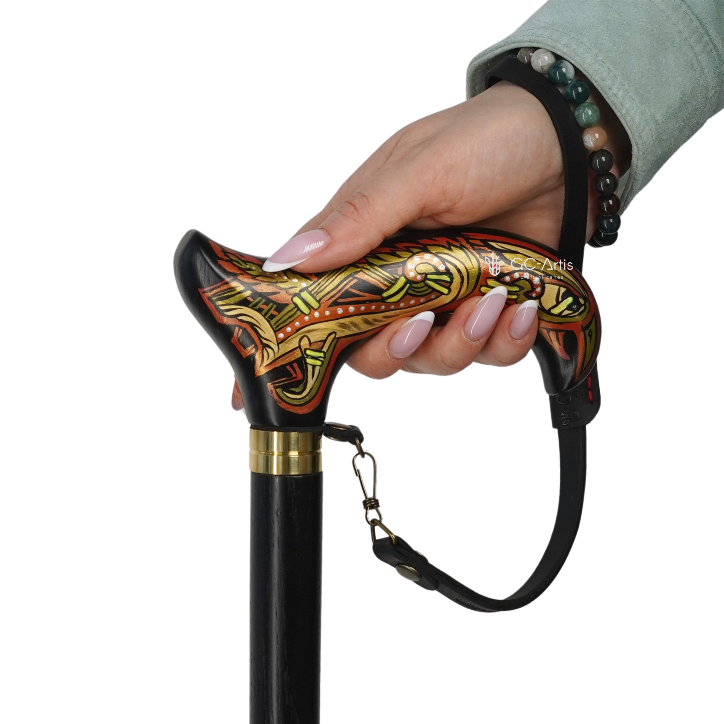 Celtic Raven Walking Stick Hand Painted Black Derby Wooden Cane