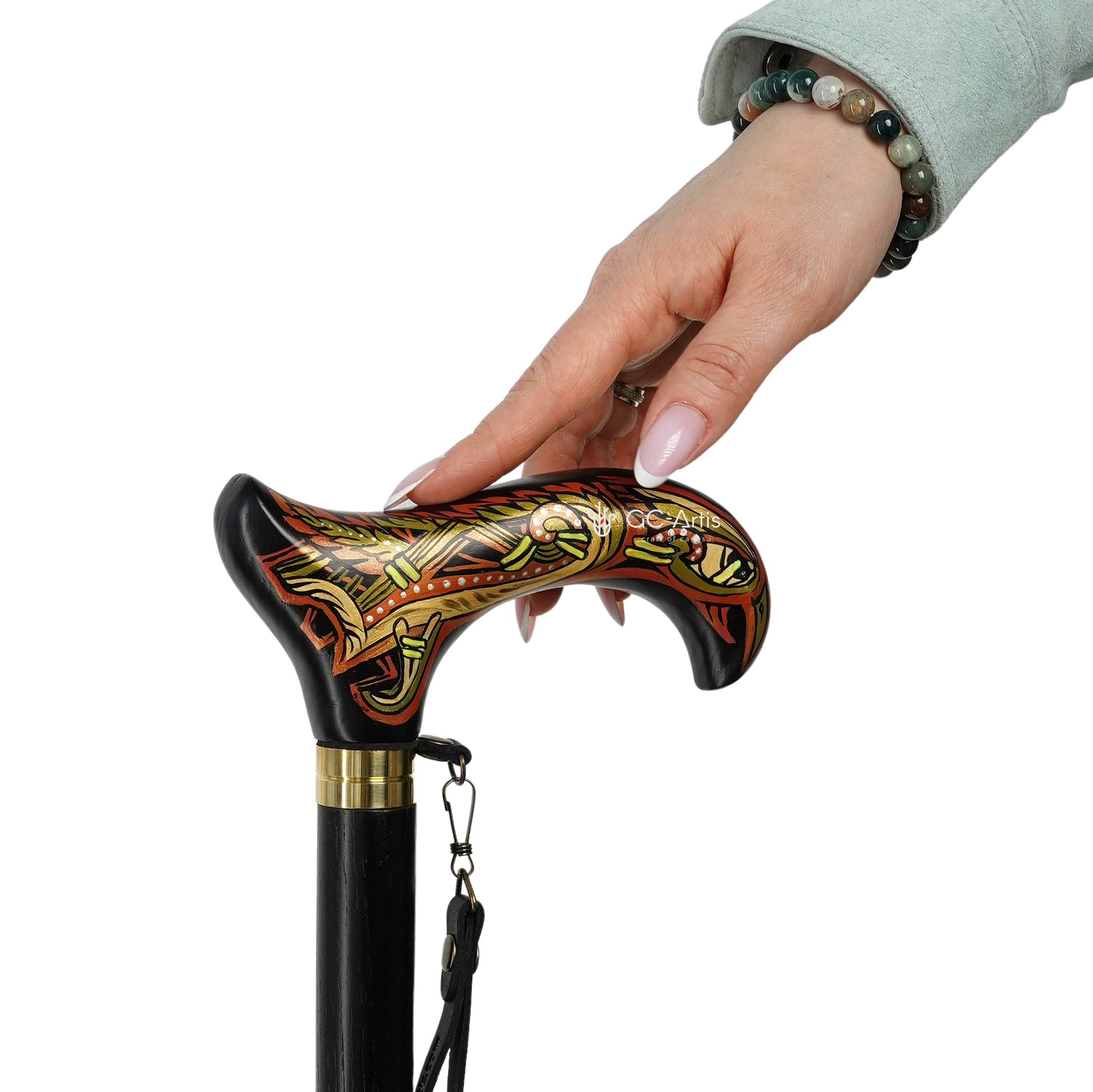 Celtic Raven Walking Stick Hand Painted Black Derby Wooden Cane