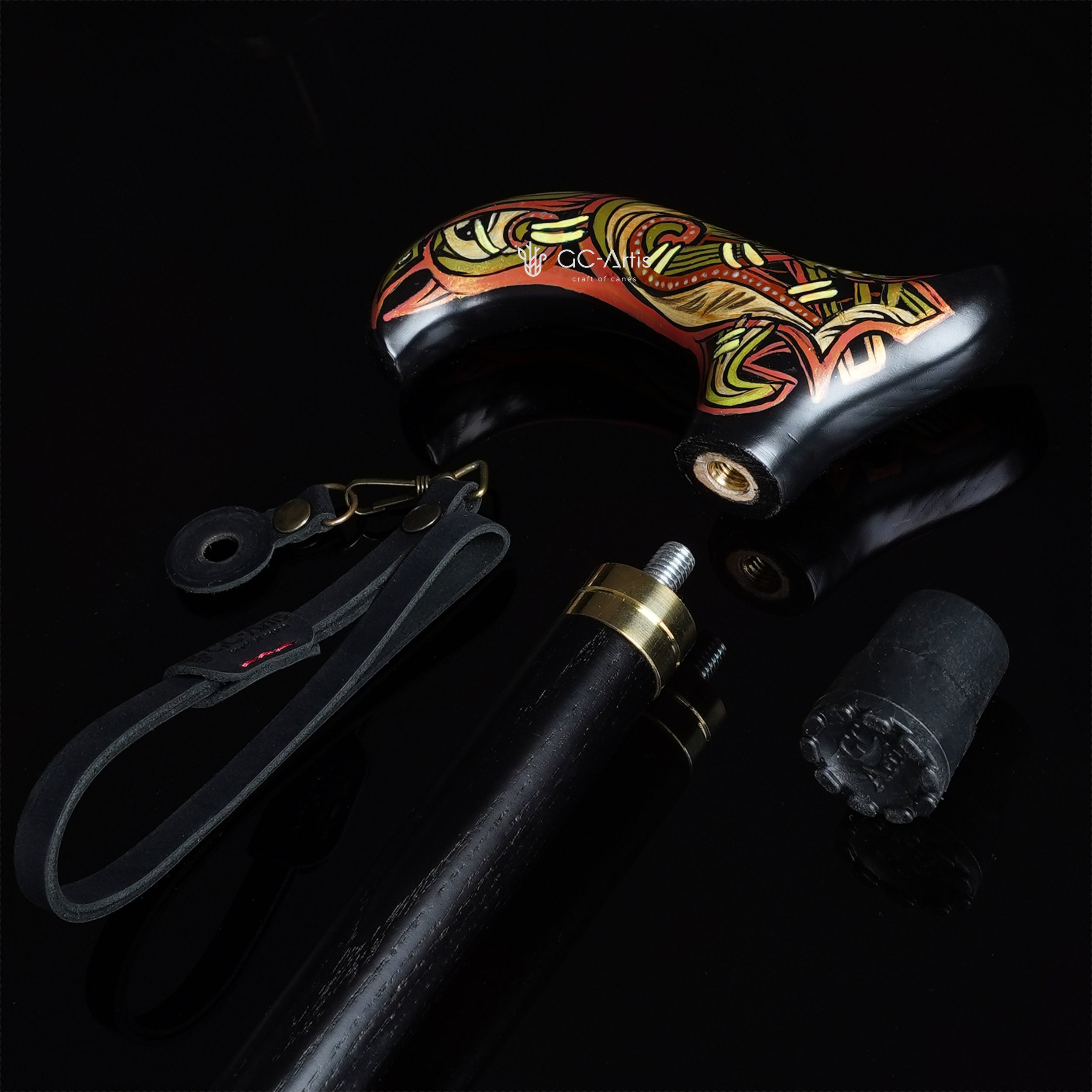 Celtic Raven Walking Stick Hand Painted Black Derby Wooden Cane