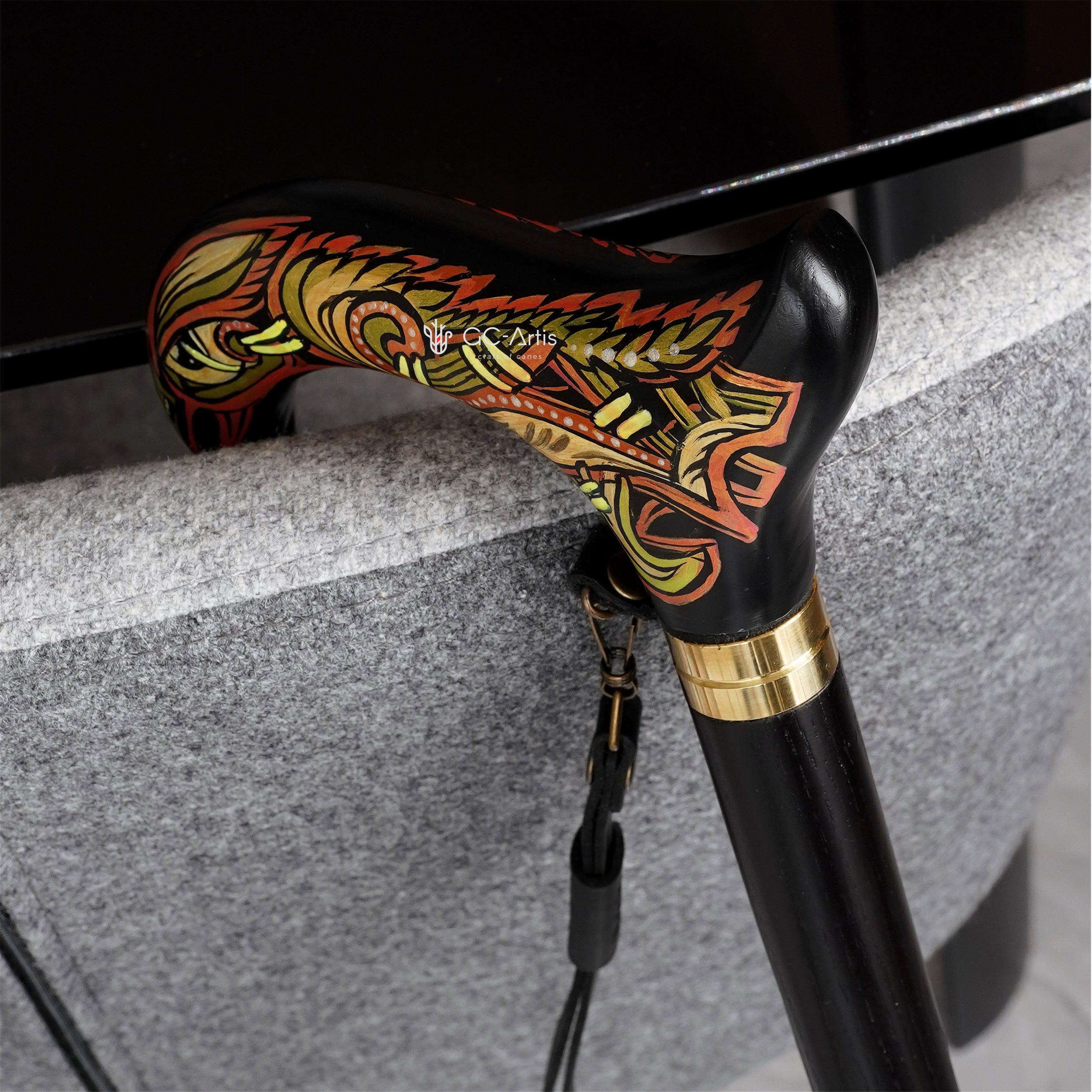 Celtic Raven Walking Stick Hand Painted Black Derby Wooden Cane