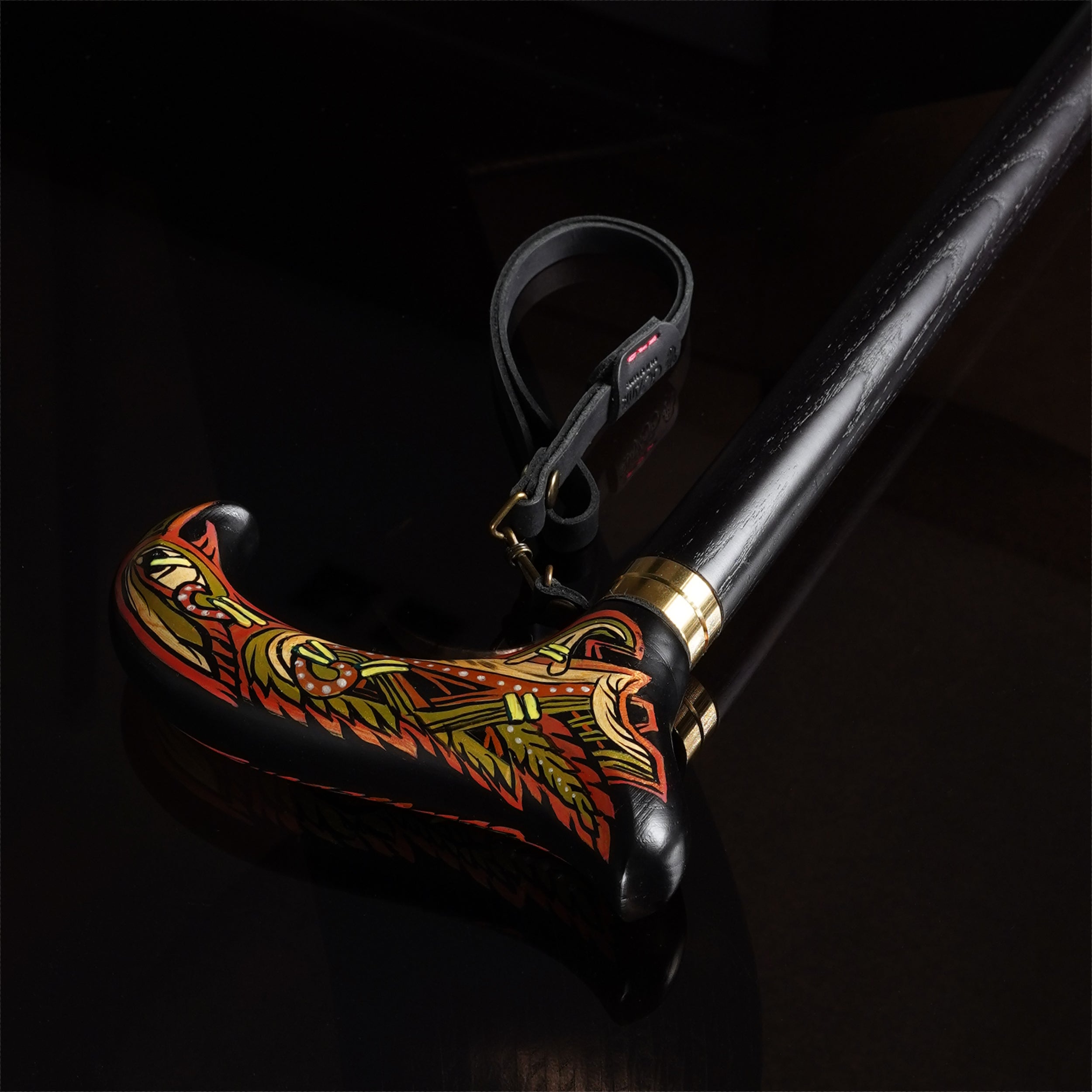 Celtic Raven Walking Stick Hand Painted Black Derby Wooden Cane