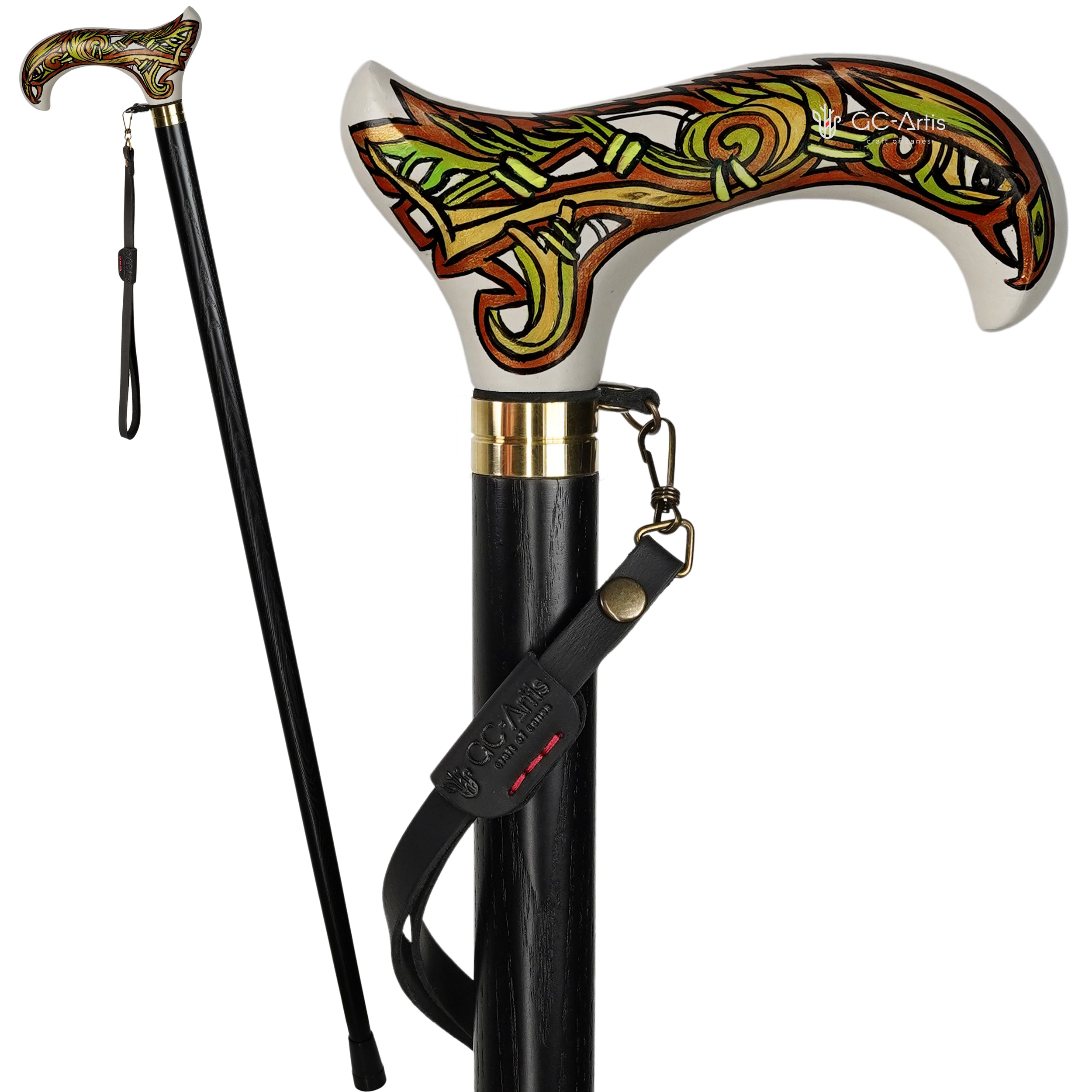 Celtic Raven Walking Stick Hand Painted Derby Wooden Cane