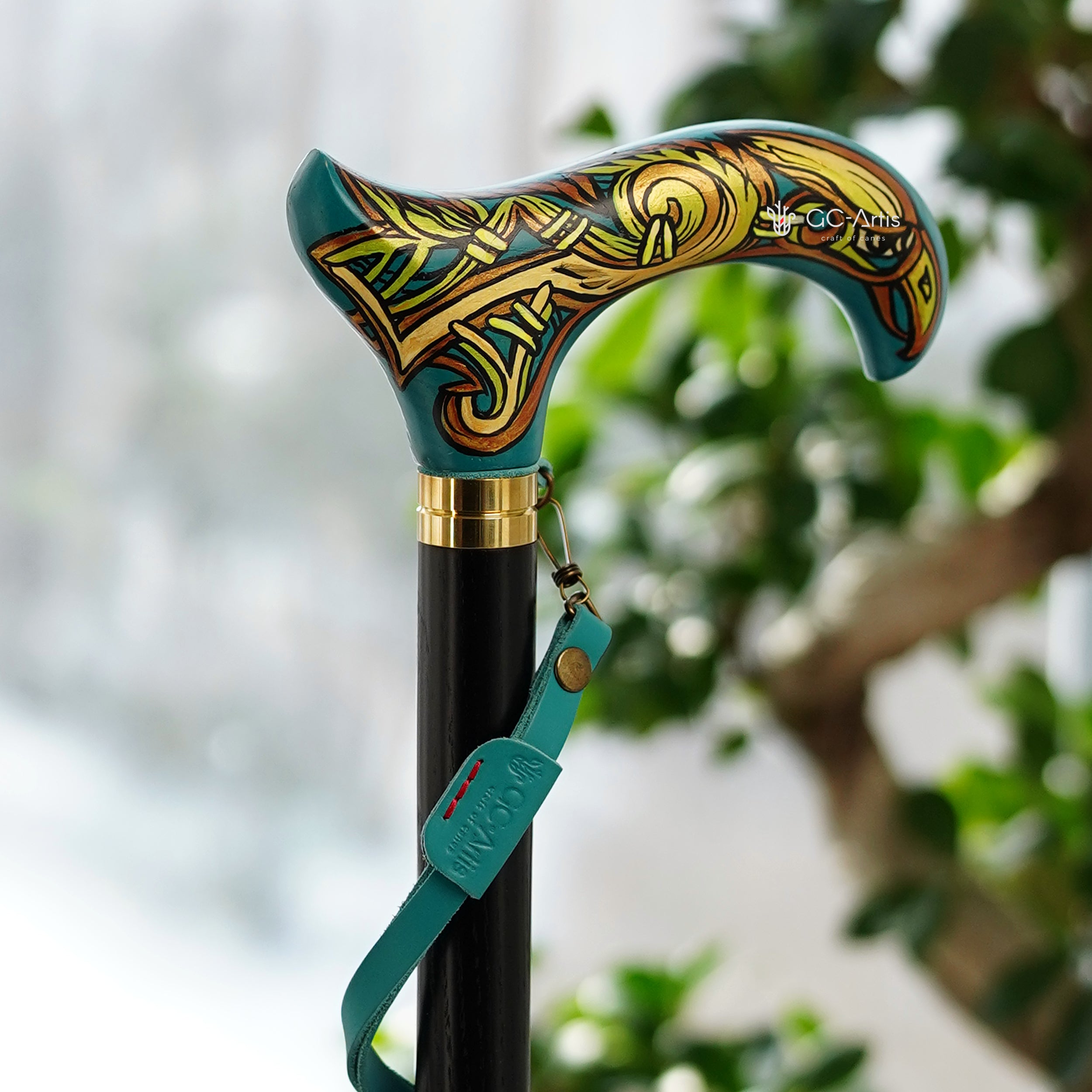 Celtic Raven Walking Stick Hand Painted Blue Derby Wooden Cane