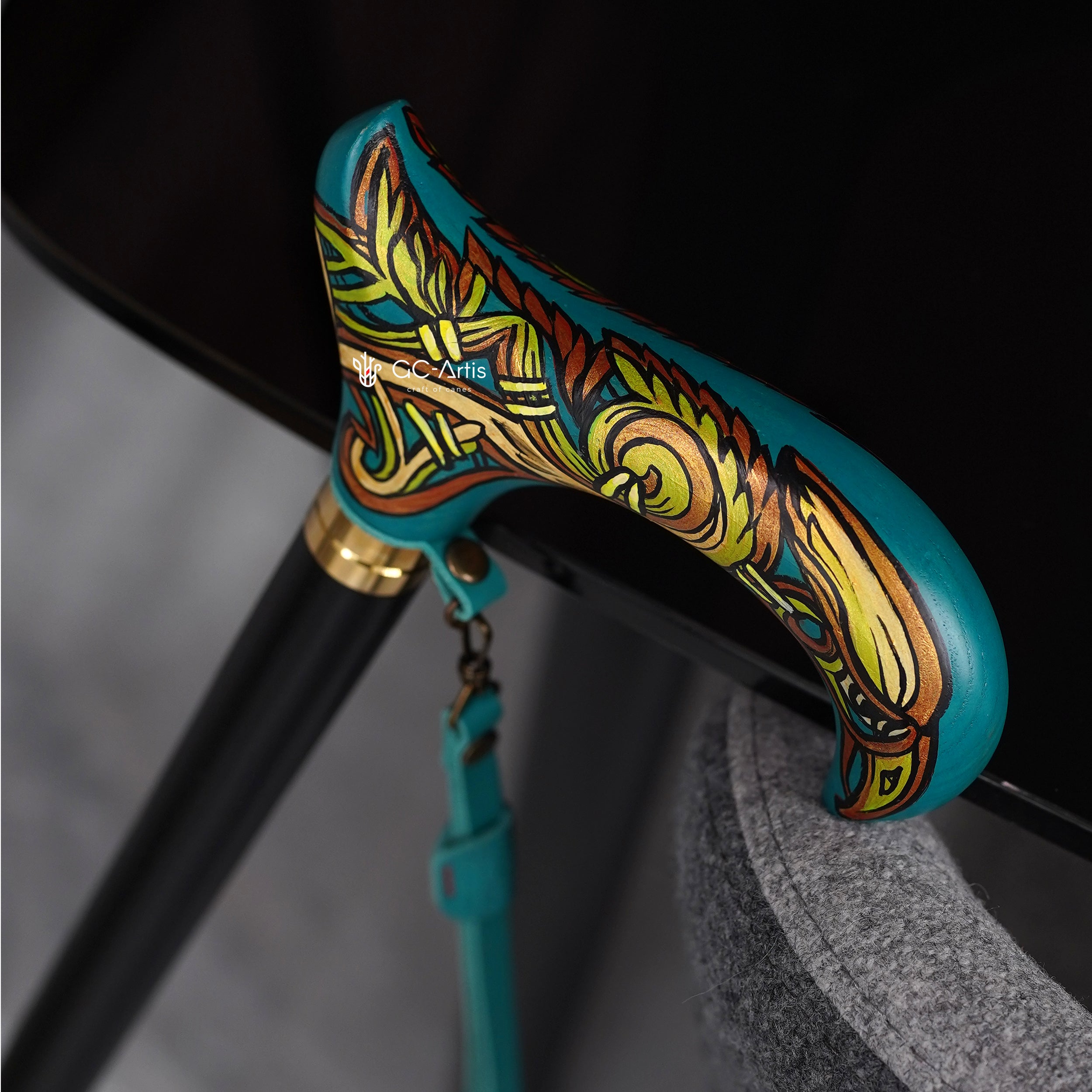 Celtic Raven Walking Stick Hand Painted Blue Derby Wooden Cane