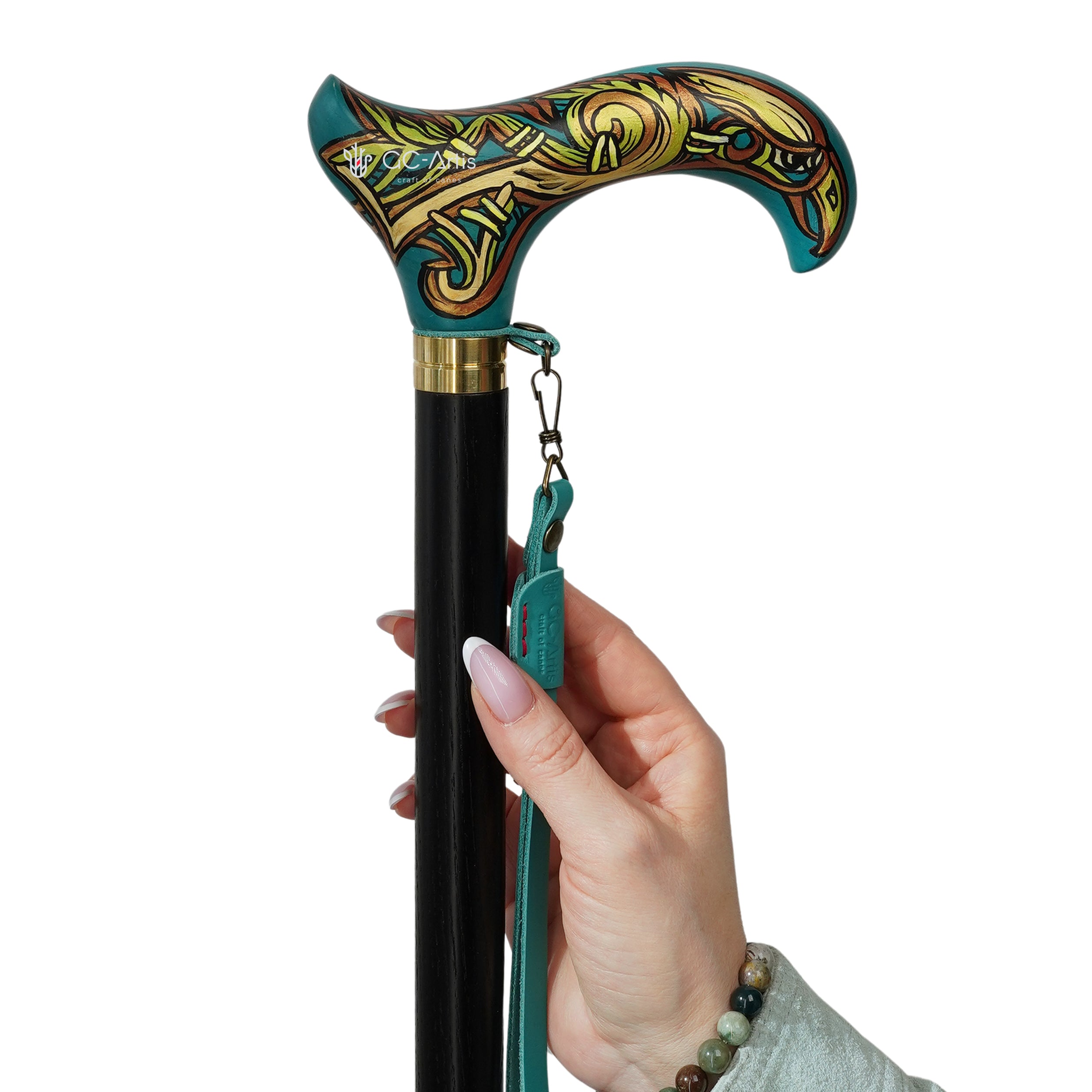 Celtic Raven Walking Stick Hand Painted Blue Derby Wooden Cane