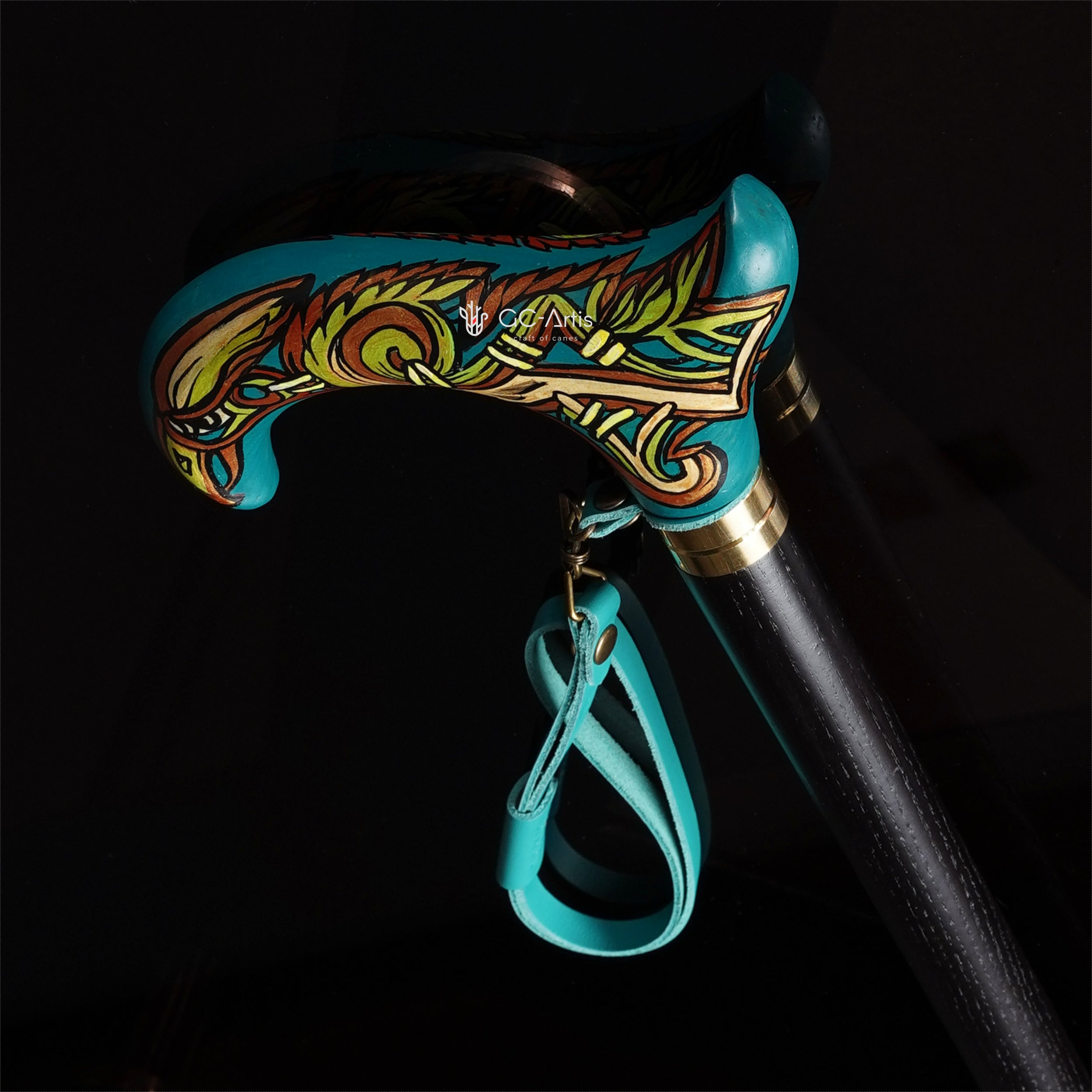 Celtic Raven Walking Stick Hand Painted Blue Derby Wooden Cane