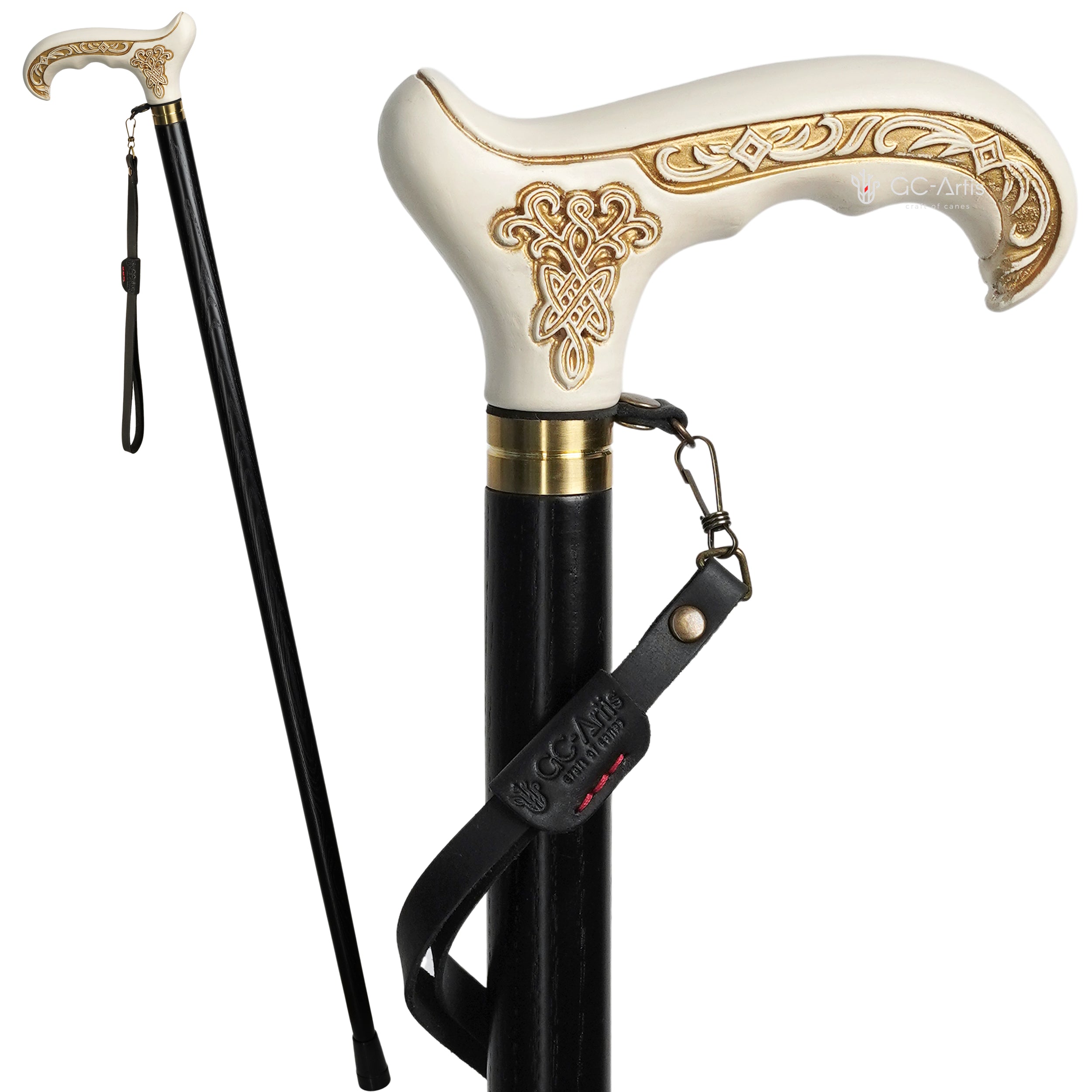 White Wooden Cane Walking Stick with Celtic Ornament
