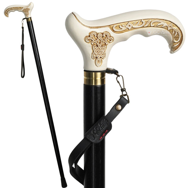 White Wooden Cane Walking Stick with Celtic Ornament