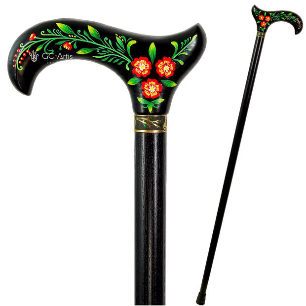 Hand Painted Black Derby walking stick cane Artist fill Flowers