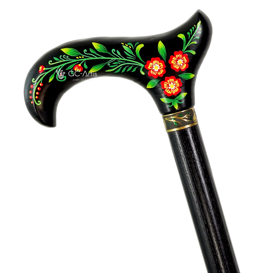 Canne de marche Derby noire peinte à la main Motifs floraux