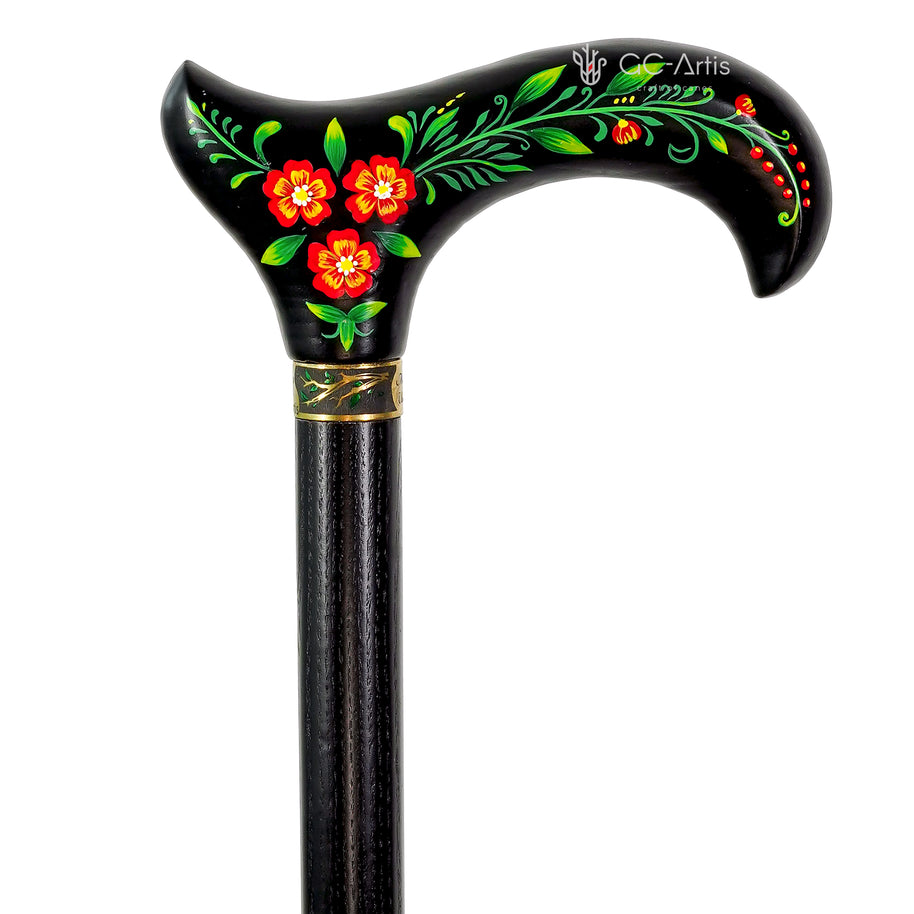 Canne de marche Derby noire peinte à la main Motifs floraux
