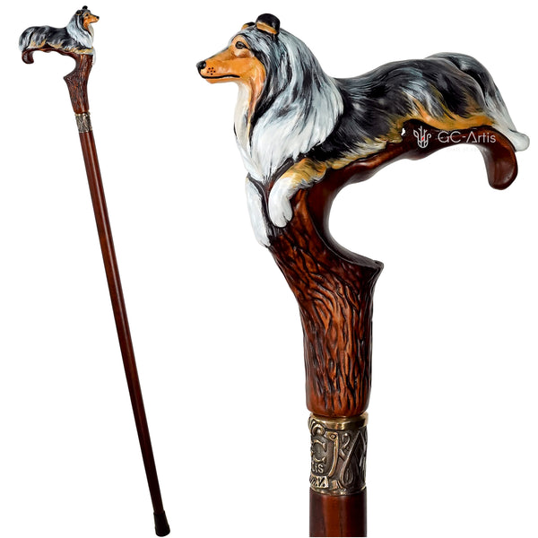 Hand-painted Wooden Walking Stick Cane Sheltie Smoke