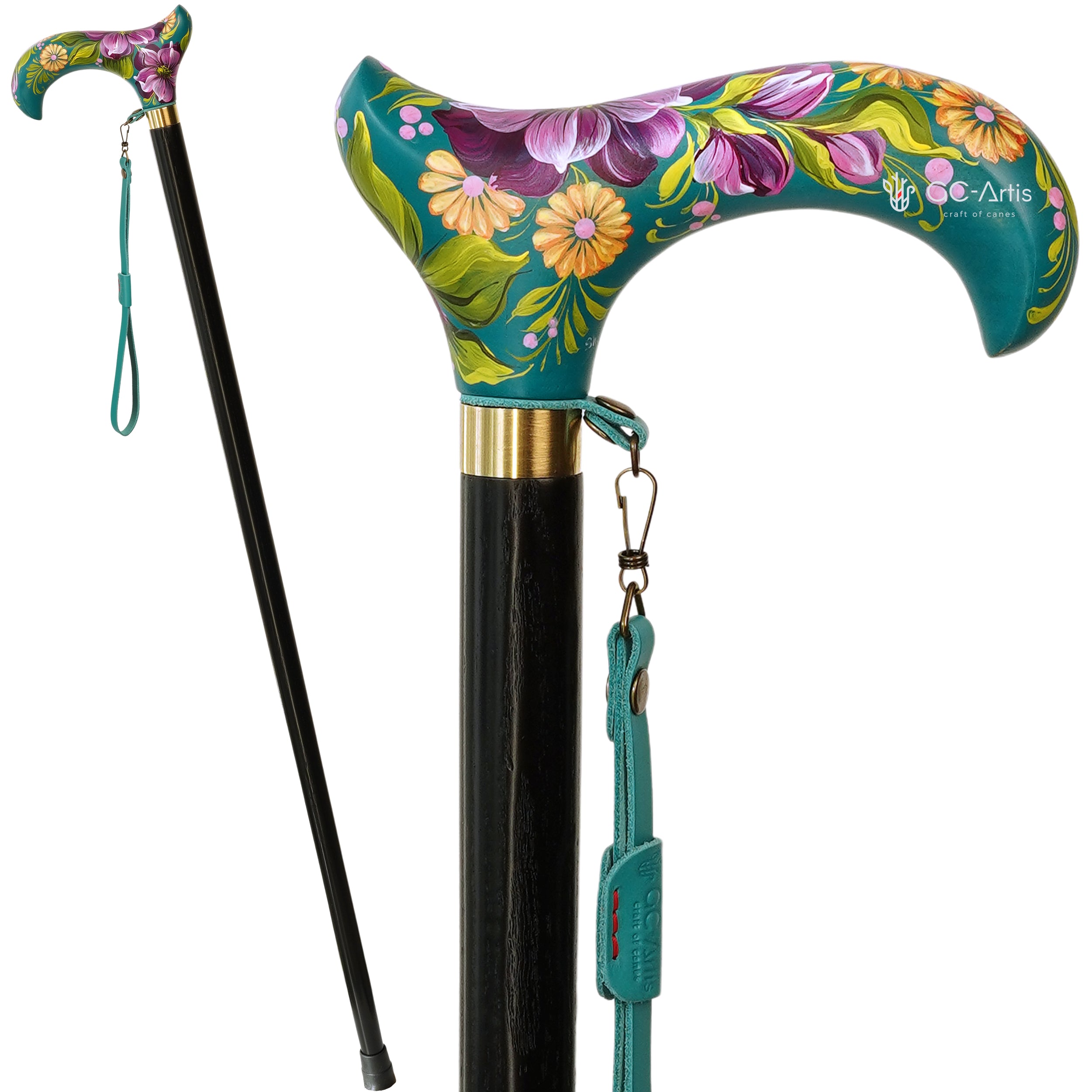 Hand-Painted Floral Walking Cane: Purple Flowers, Marine Green Derby Handle