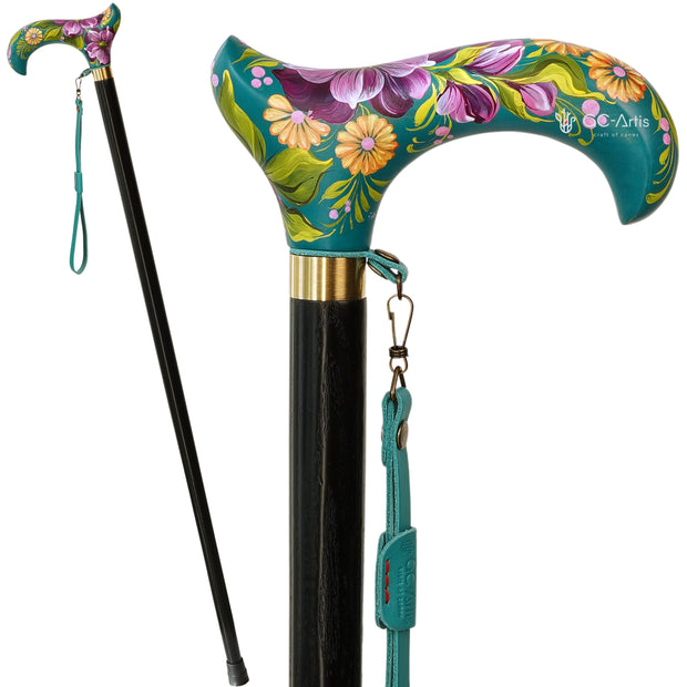 Hand-Painted Floral Walking Cane: Purple Flowers, Marine Green Derby Handle