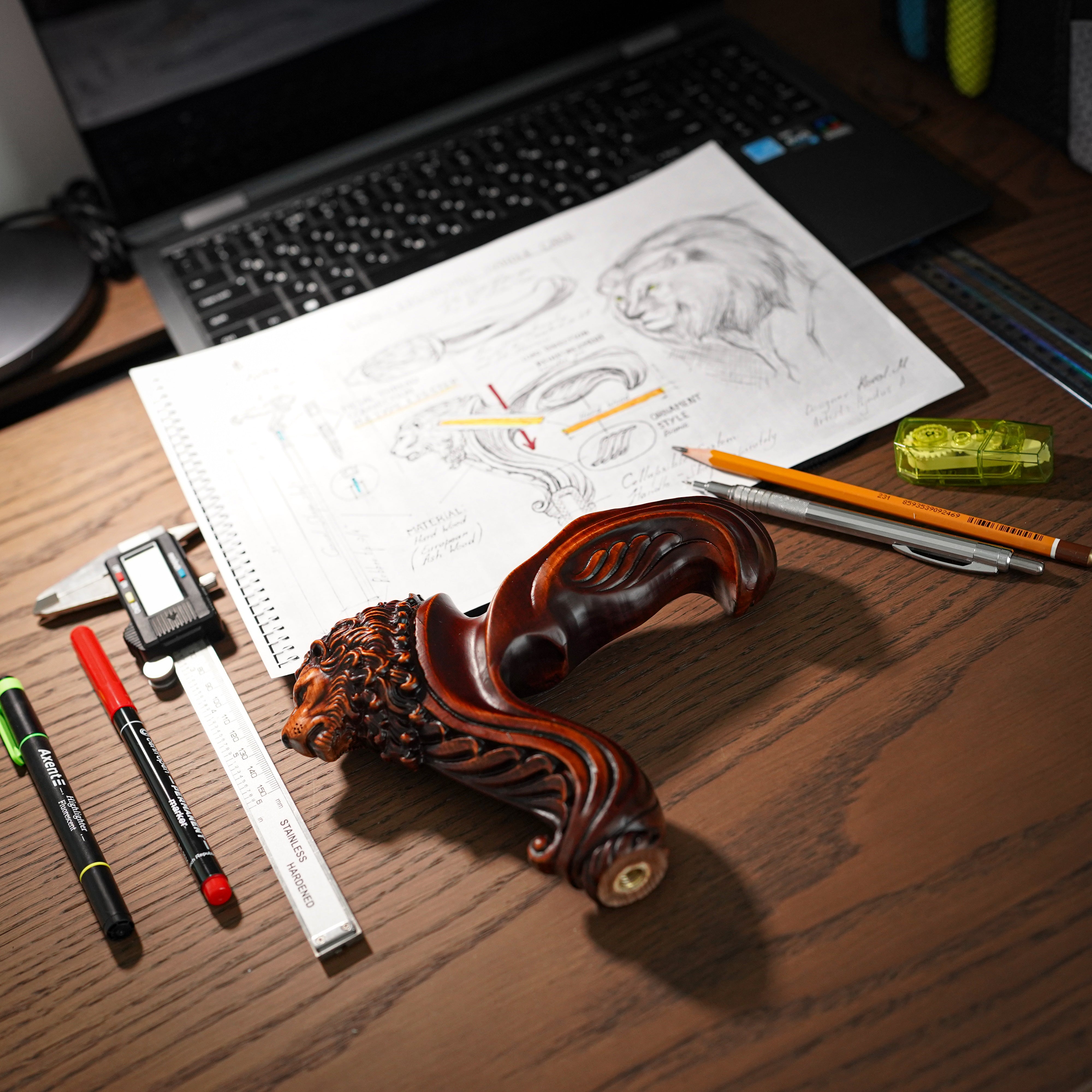 Wooden Walking Stick Cane Lion Head - Palm Grip Ergonomic Handle