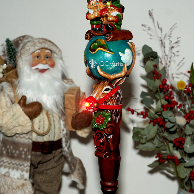 Wooden Walking Staff for Santa Claus wood carved walking stick cane with Reindeer Rudolph and Elves