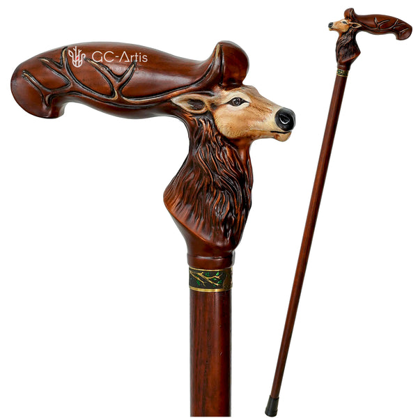 Deer head - Handpainted Wooden walking stick cane