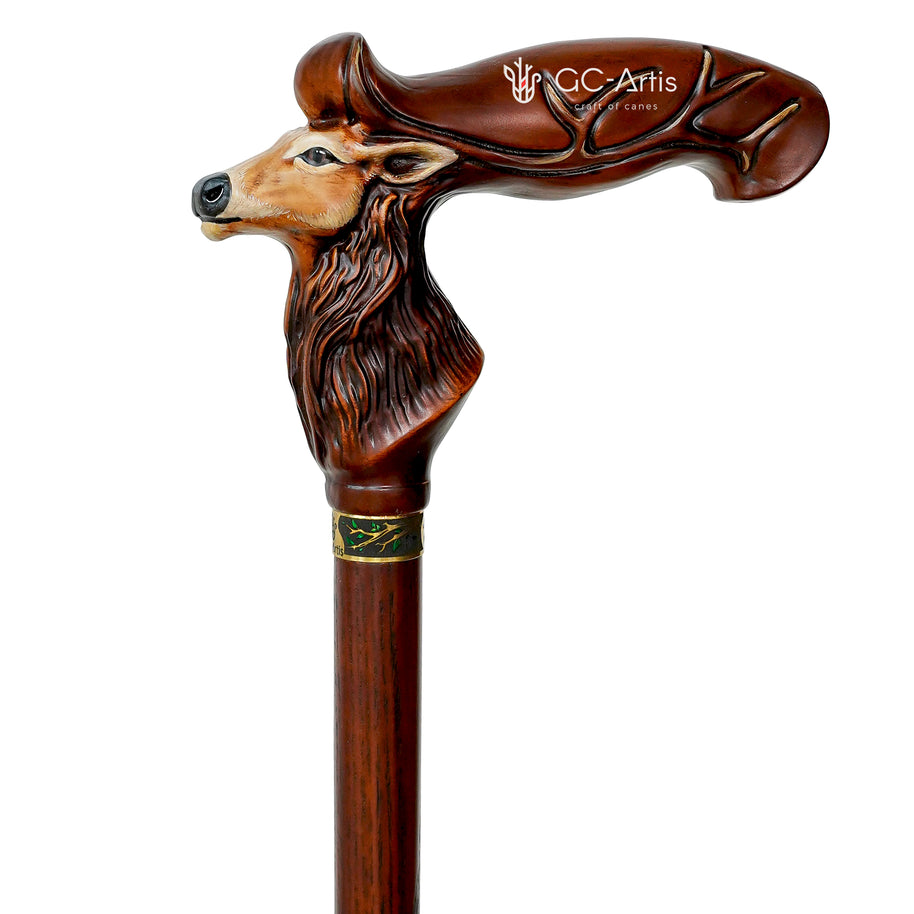 Tête de cerf - Canne de marche en bois peinte à la main
