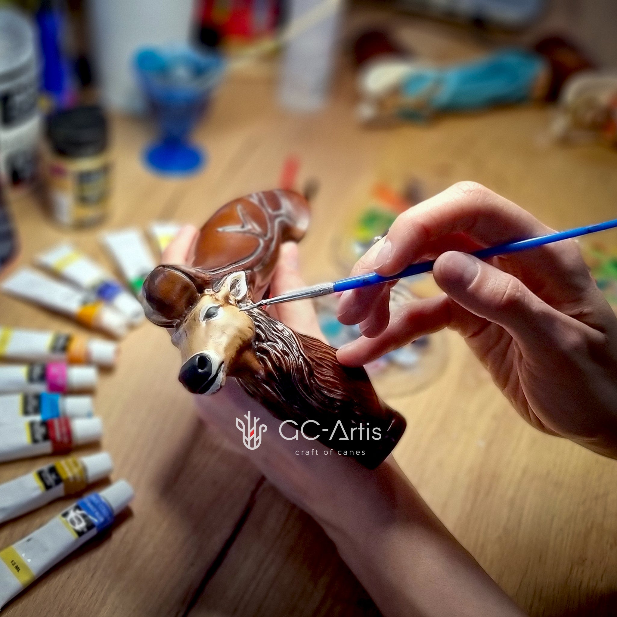 Deer head - Handpainted Wooden walking stick cane