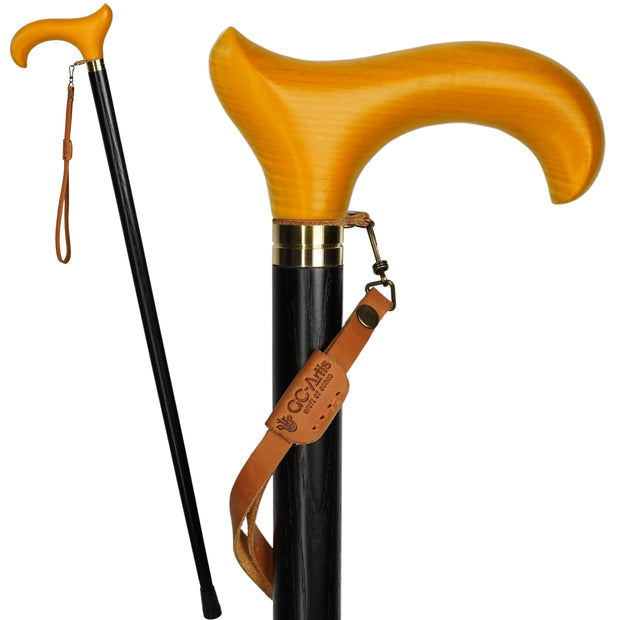 Wooden Cane Walking Stick - Light weight Comfortable derby handle & black shaft for man woman