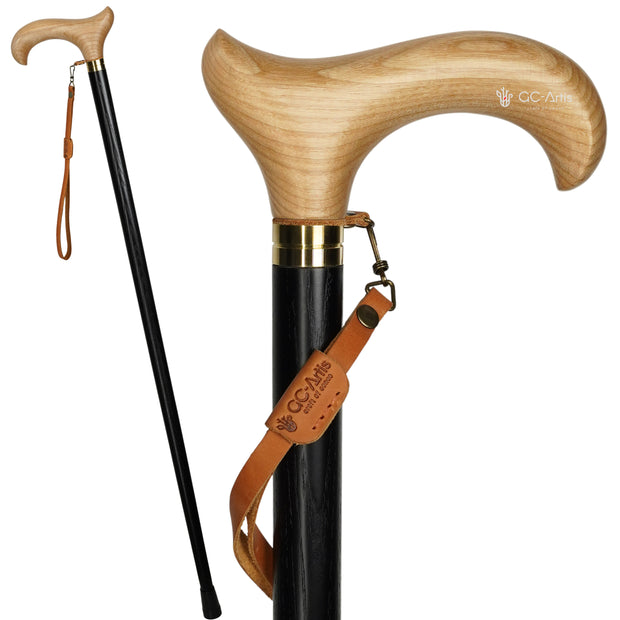 Wooden Cane Walking Stick - Light weight Comfortable derby handle & black shaft for man woman