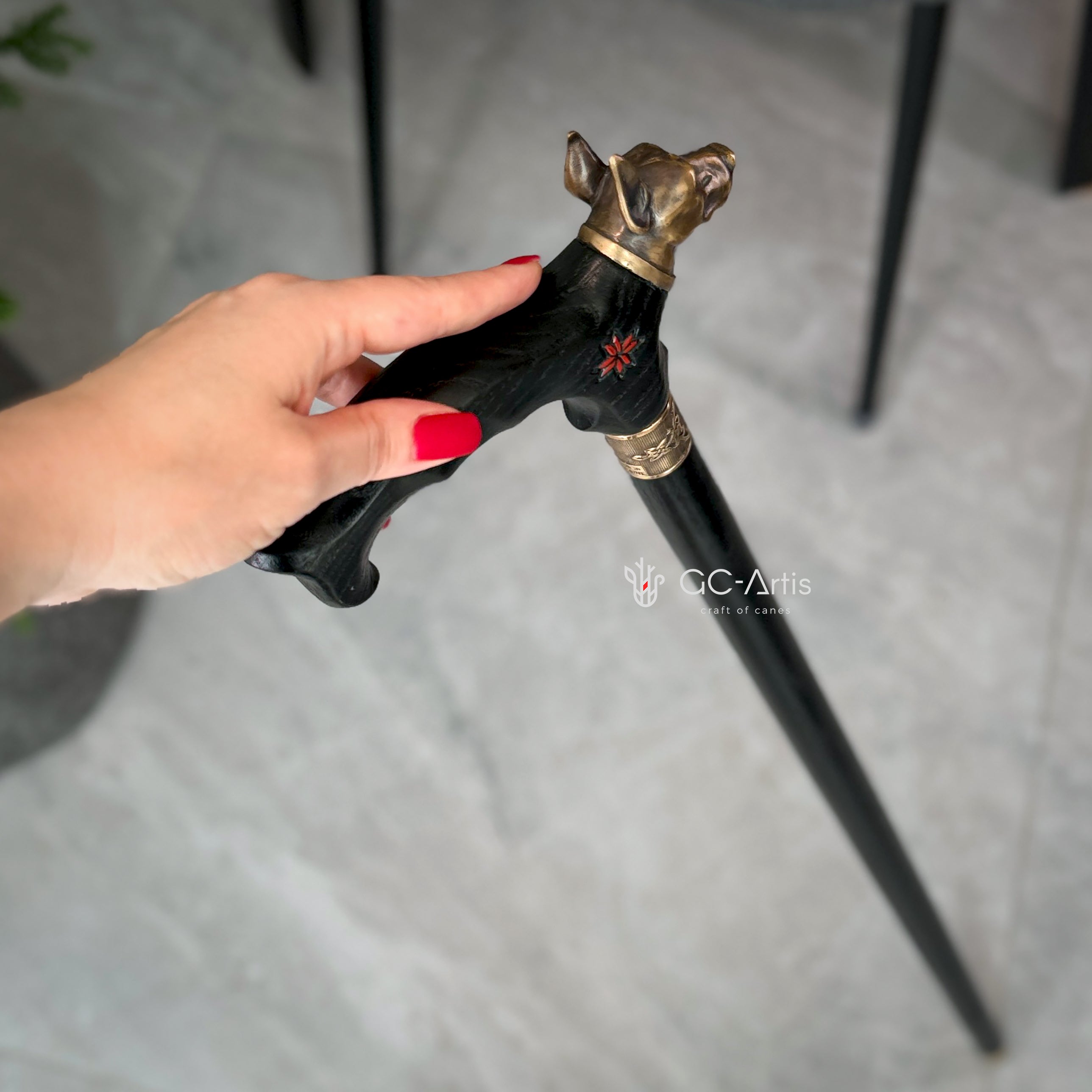 Doberman Dog Brass Walking Cane Bronze & Wood black walking stick