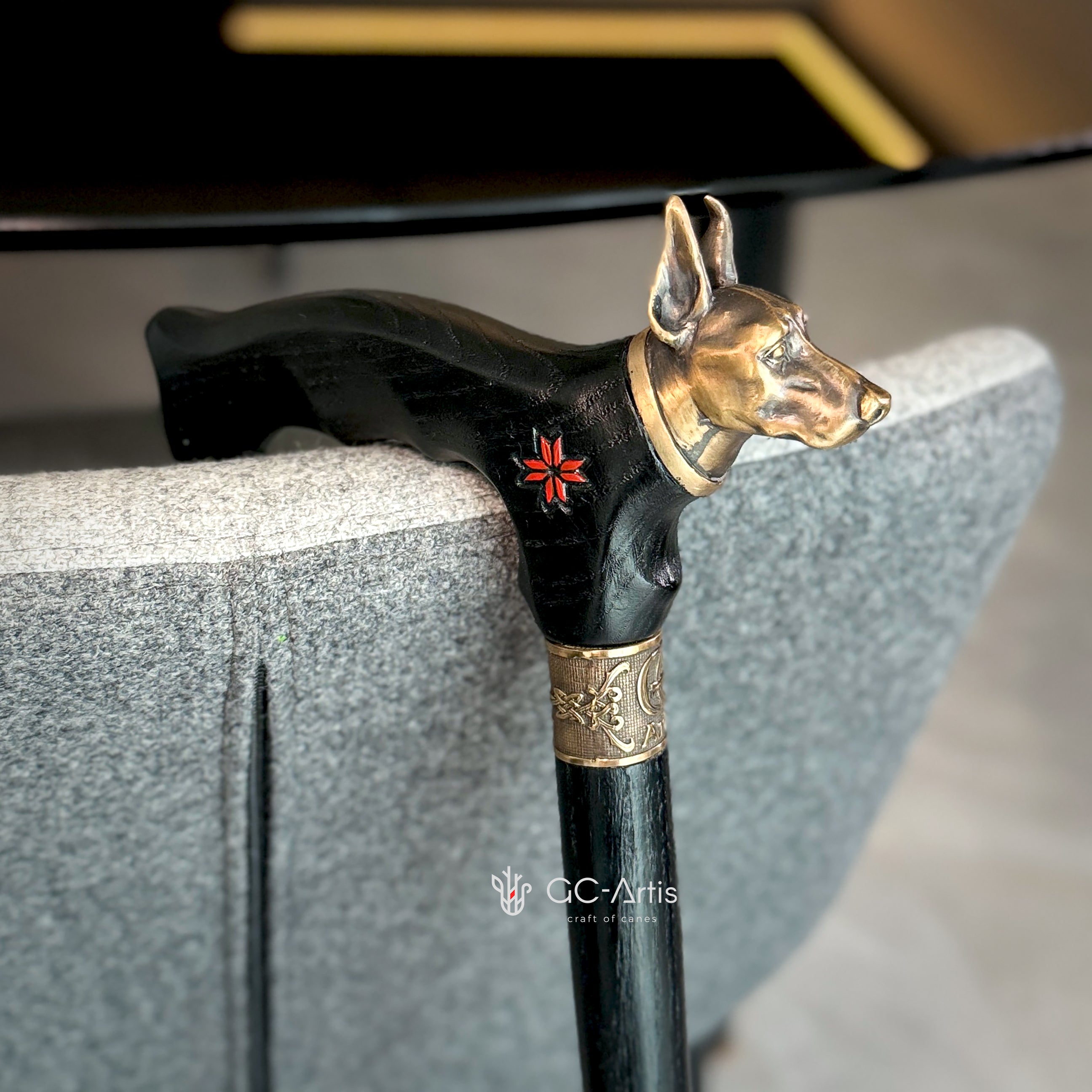 Doberman Dog Brass Walking Cane Bronze & Wood black walking stick