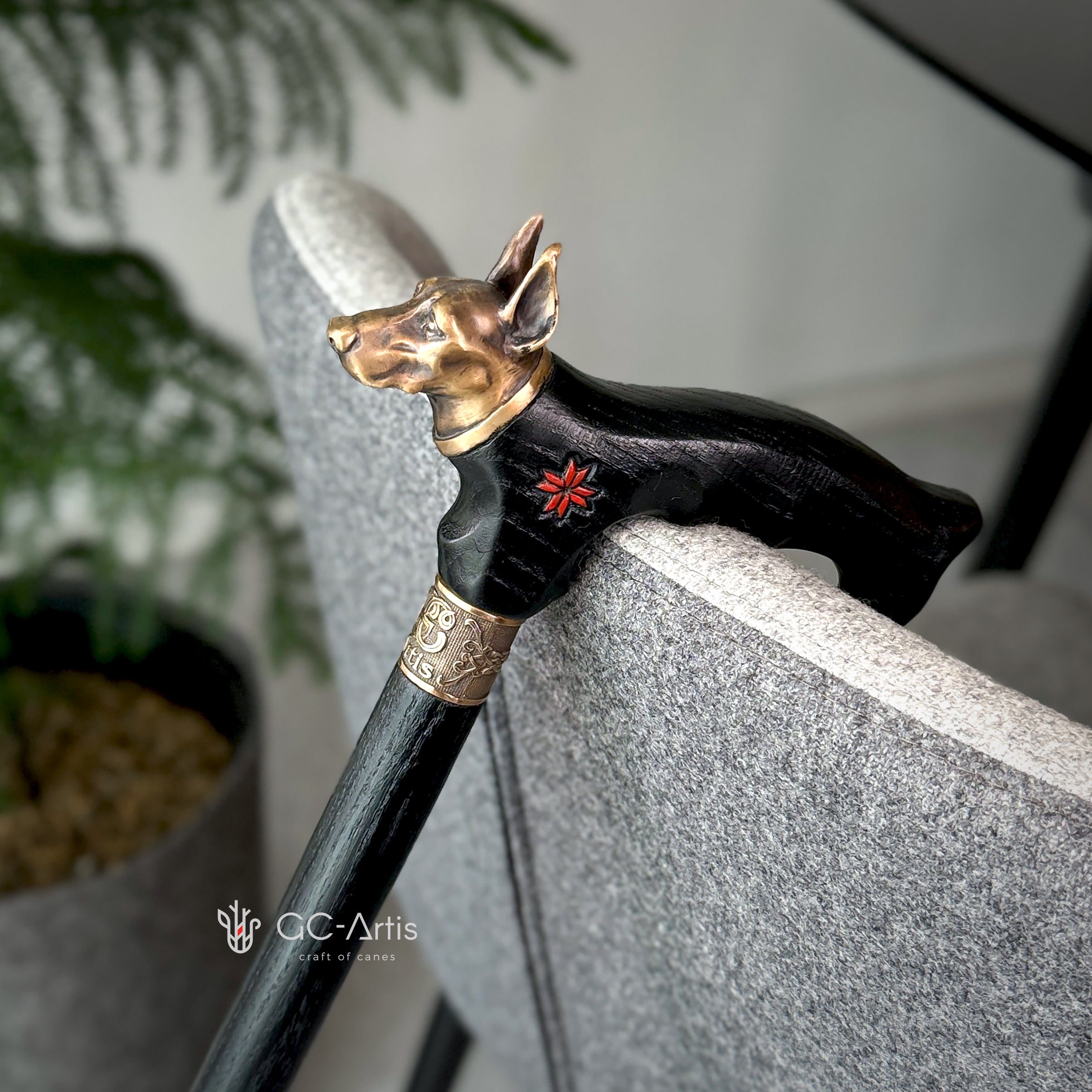 Doberman Dog Brass Walking Cane Bronze & Wood black walking stick