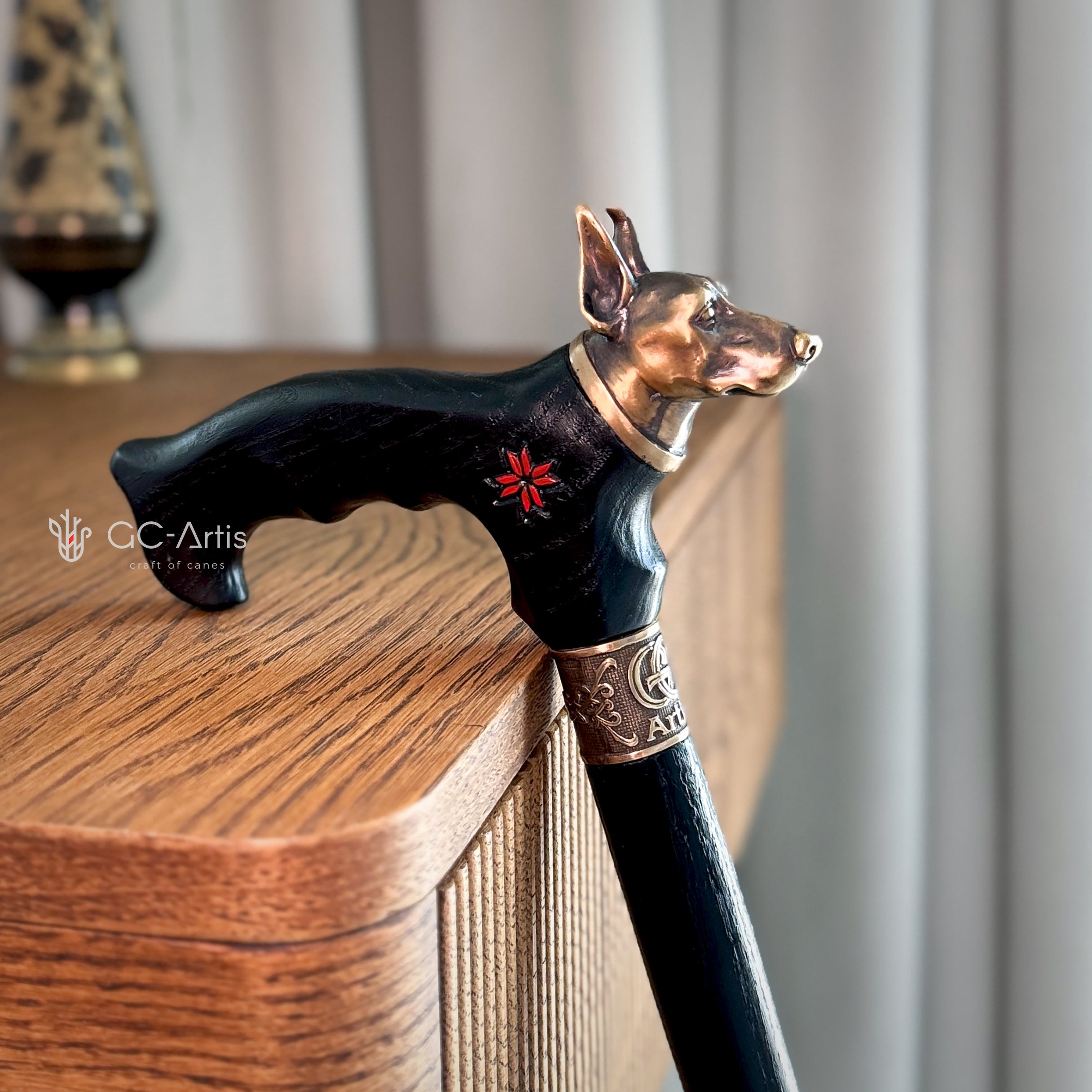 Doberman Dog Brass Walking Cane Bronze & Wood black walking stick