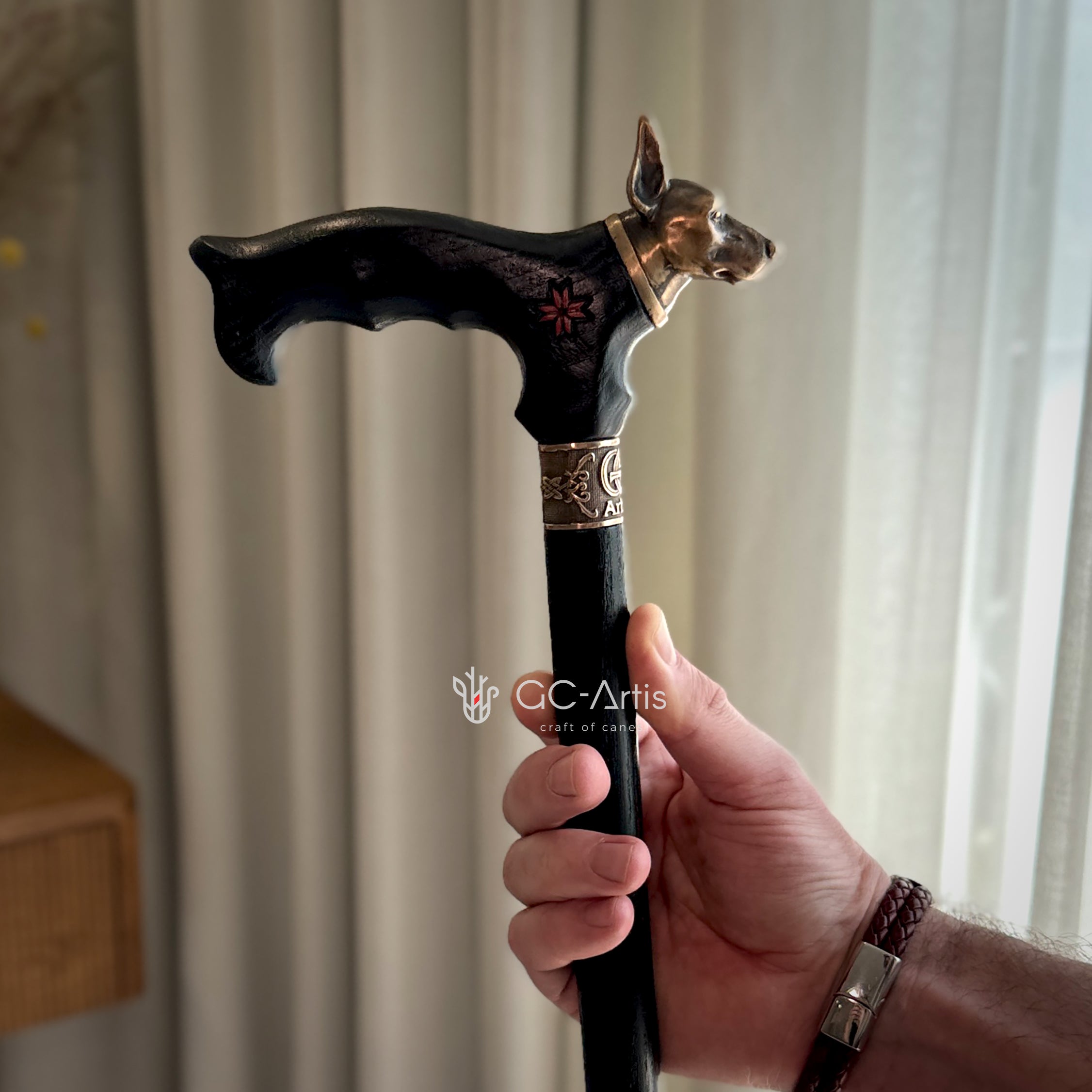 Doberman Dog Brass Walking Cane Bronze & Wood black walking stick