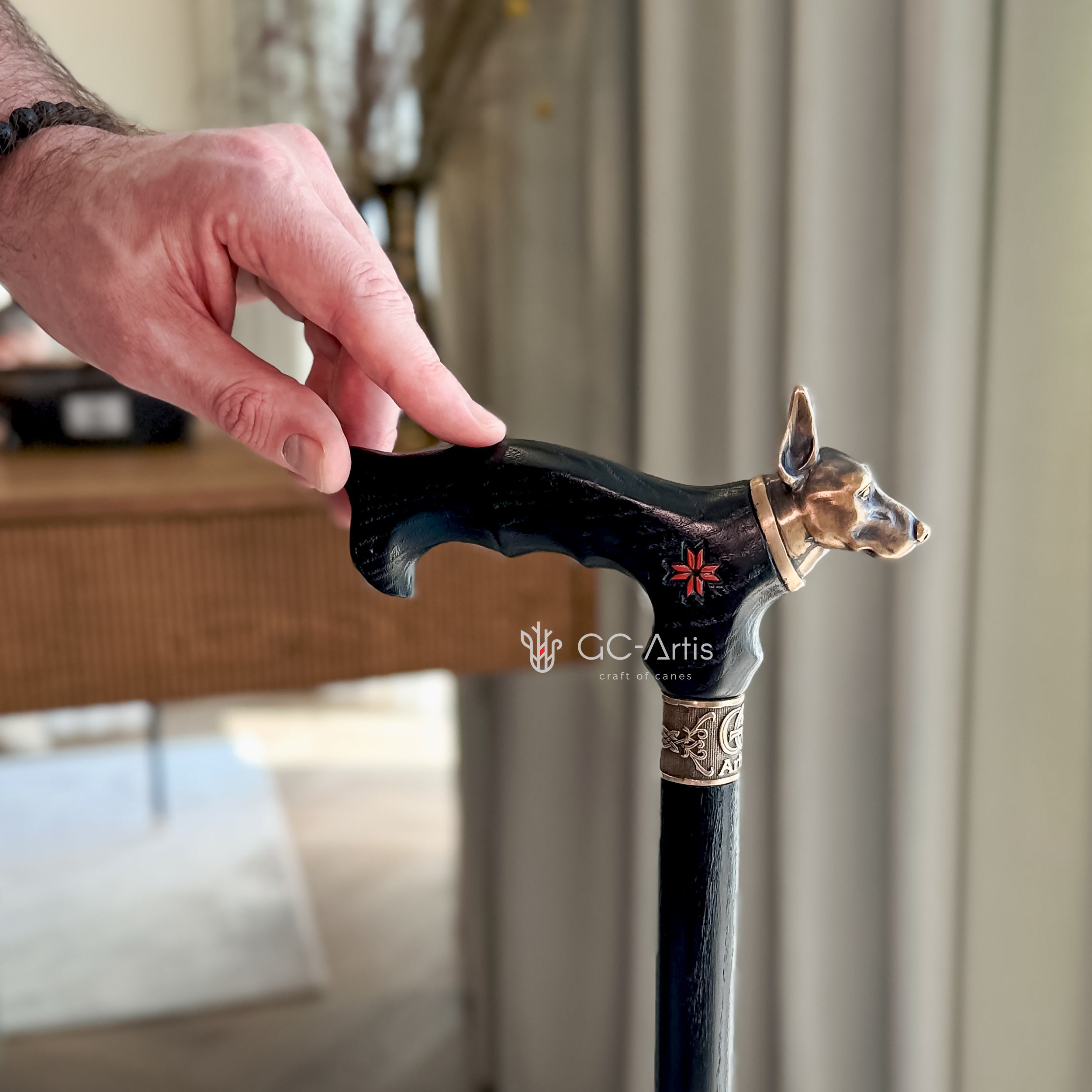 Doberman Dog Brass Walking Cane Bronze & Wood black walking stick