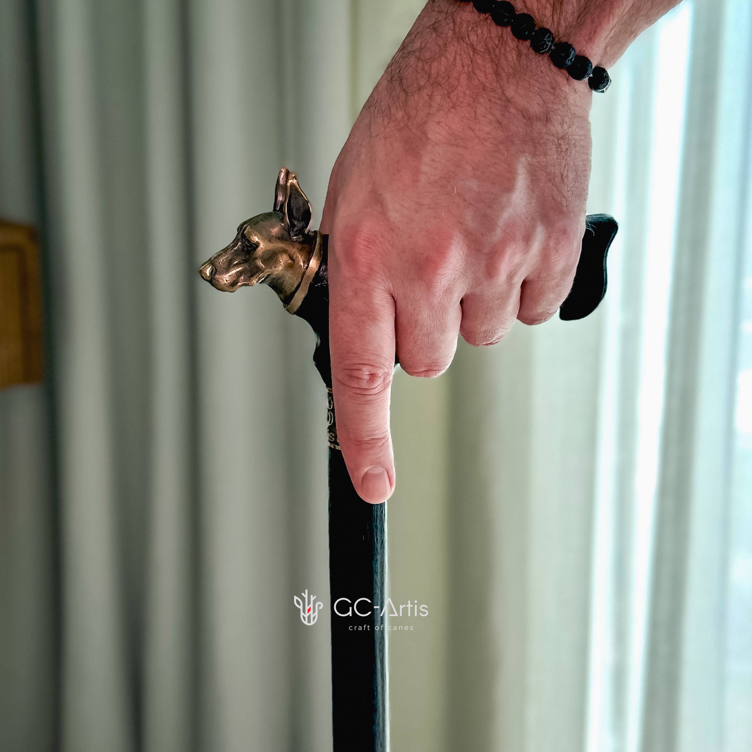 Doberman Dog Brass Walking Cane Bronze & Wood black walking stick