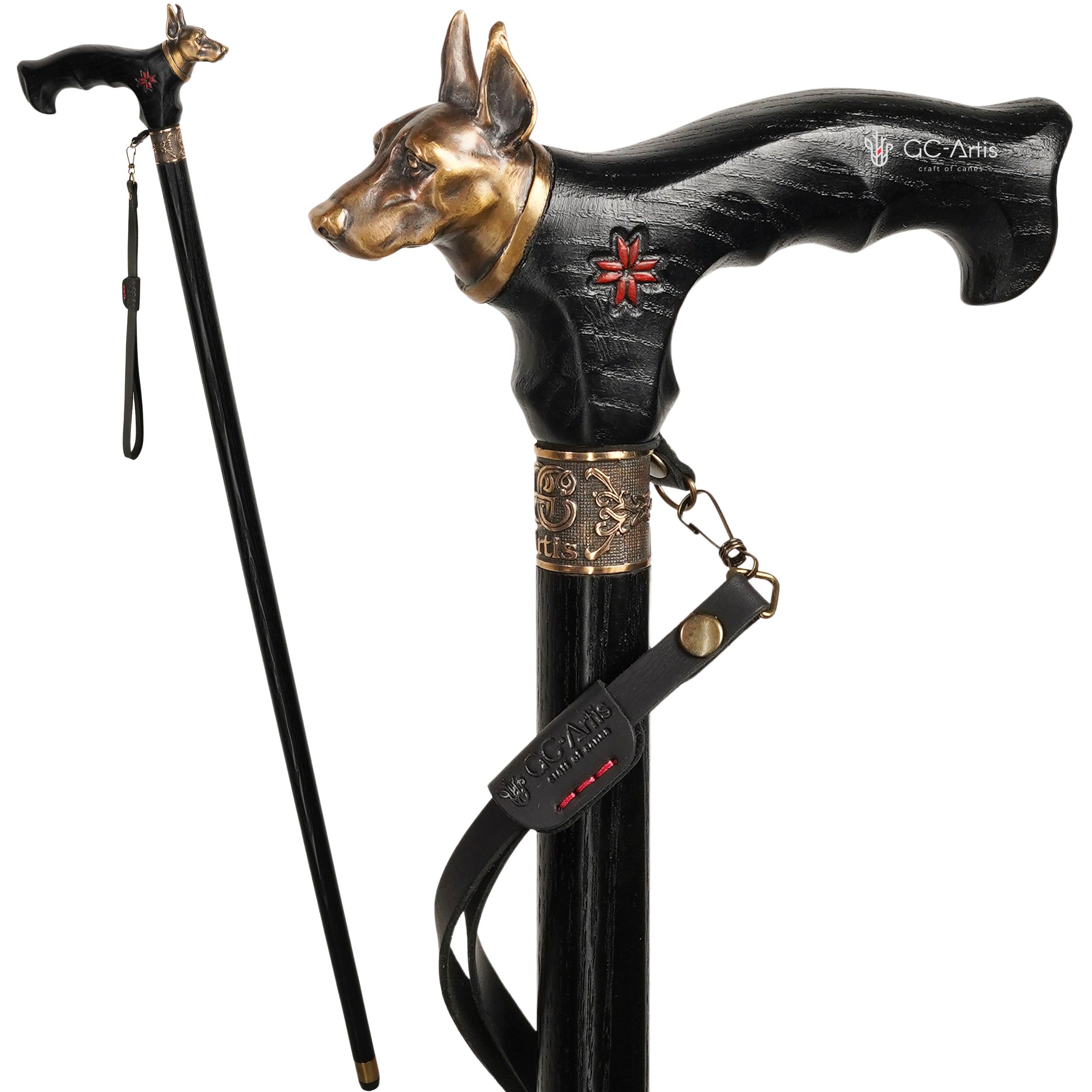 Doberman Dog – Bronze & Wood Walking Cane
