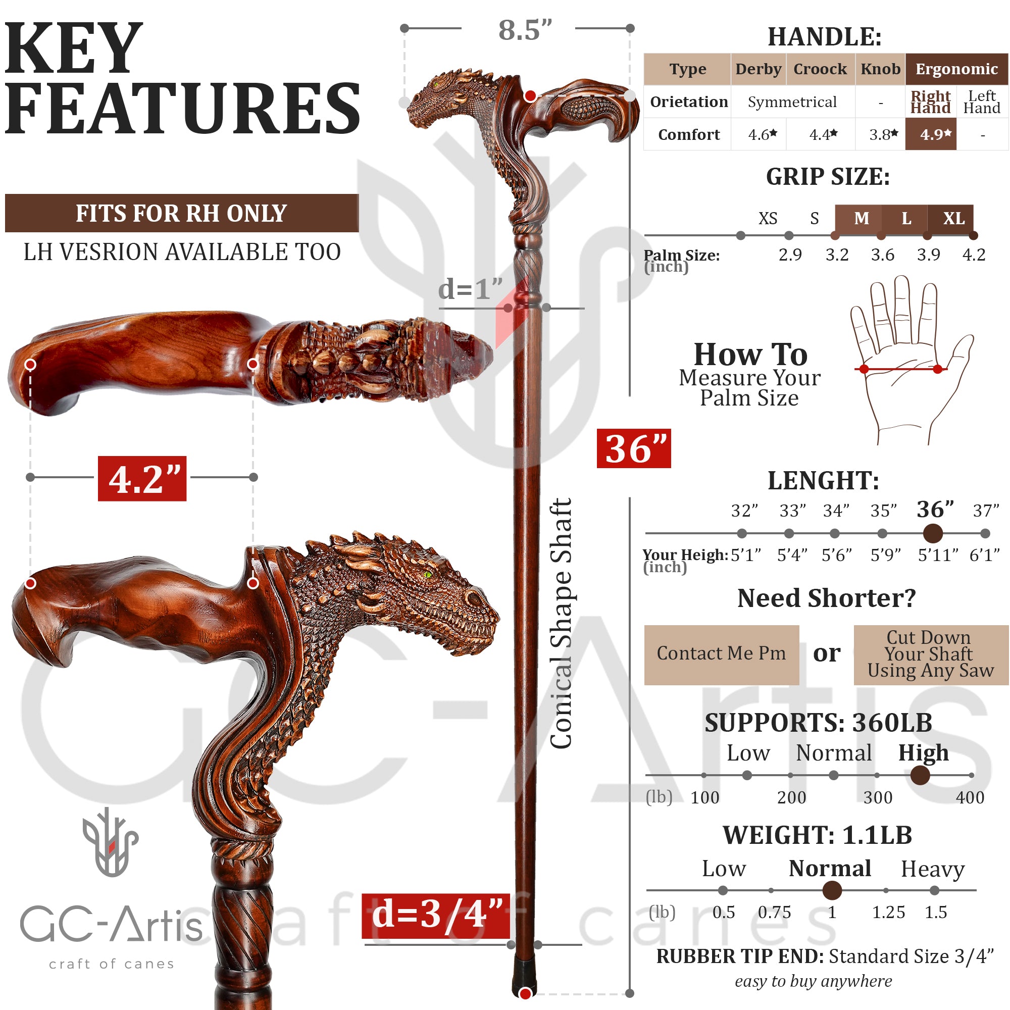 Dragon Ergonomic Palm Grip Handle Cane wooden walking stick