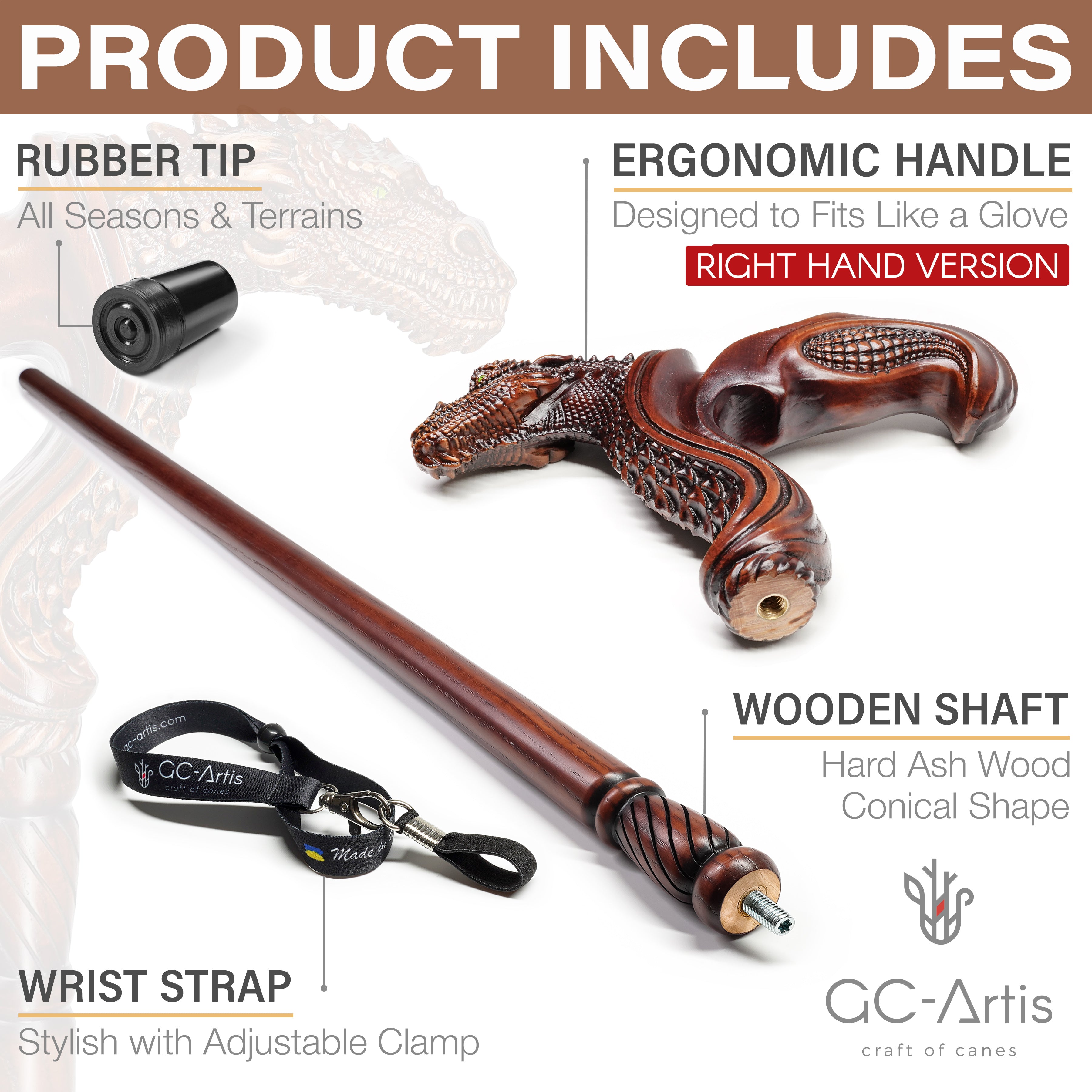 Dragon Ergonomic Palm Grip Handle Cane wooden walking stick