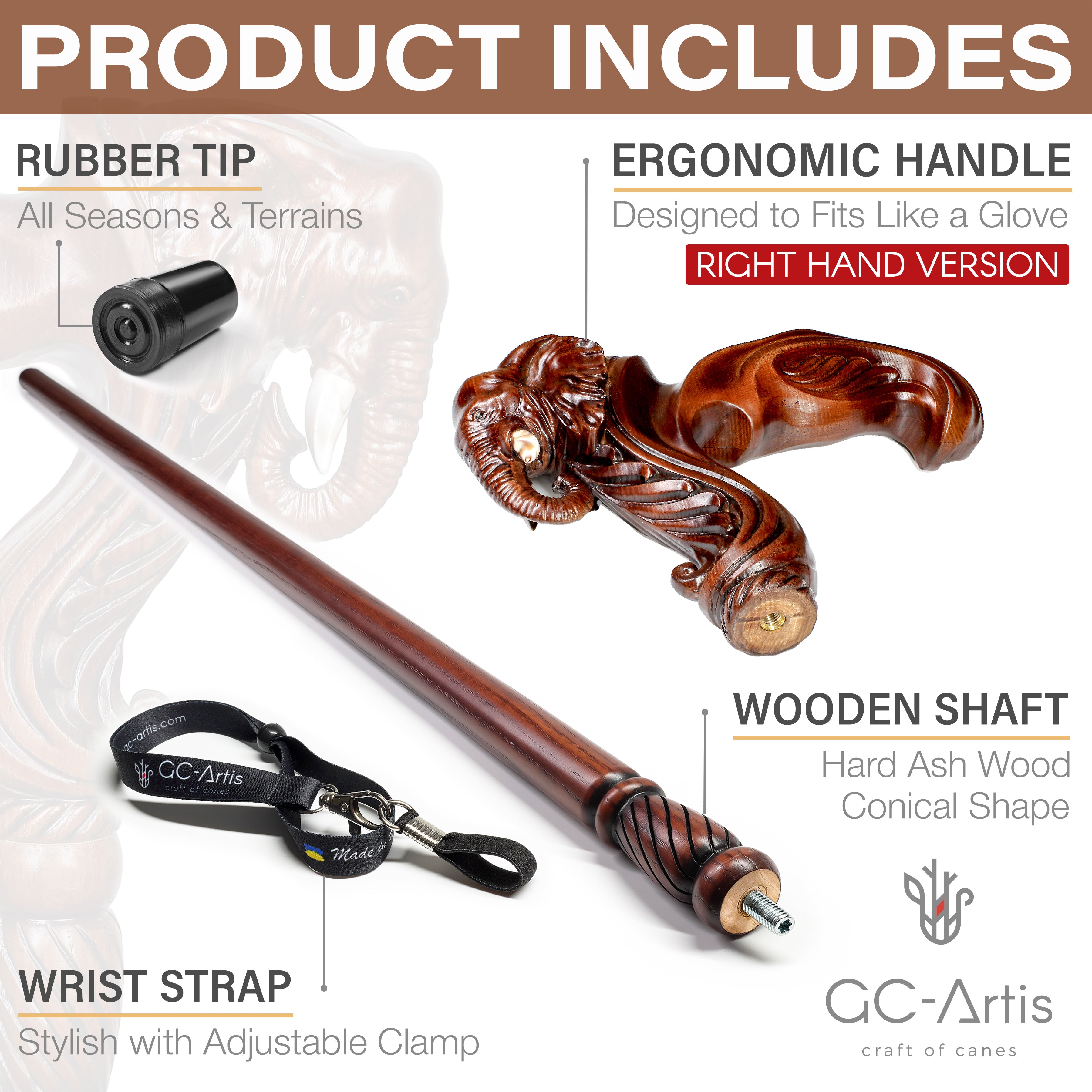 Elephant Cane Wooden Walking Stick Ergonomic Handle