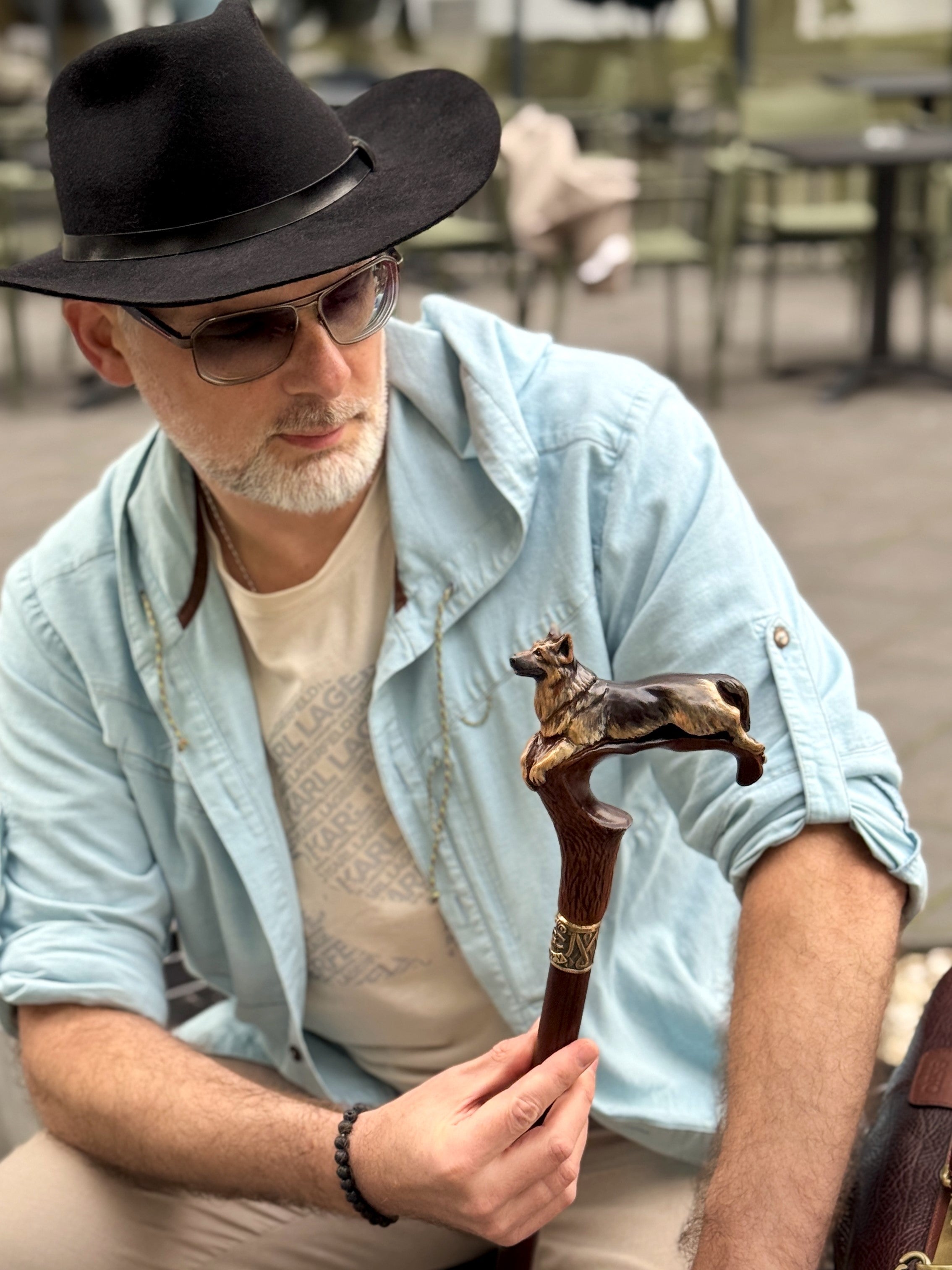 Hand-painted Wooden Walking Stick Cane German Shepherd Dog