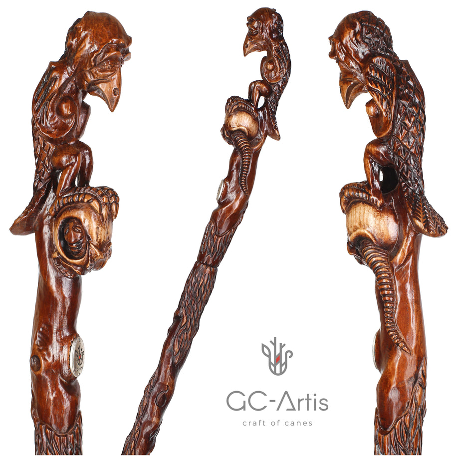 Bâton de marche en bois extra-long avec totem de griffon triste Bâton de randonnée