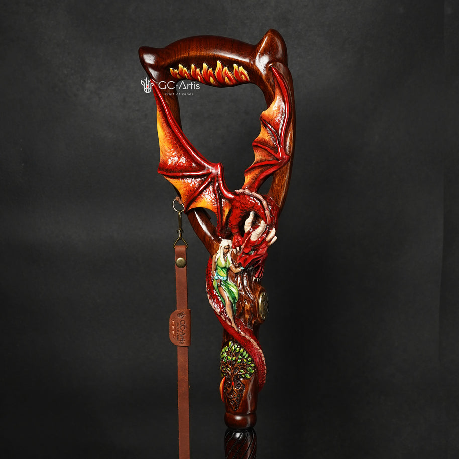 Hand Carved Wooden Walking Cane – Red Winged Dragon