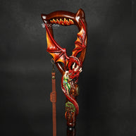 Hand Carved Wooden Walking Cane – Red Winged Dragon