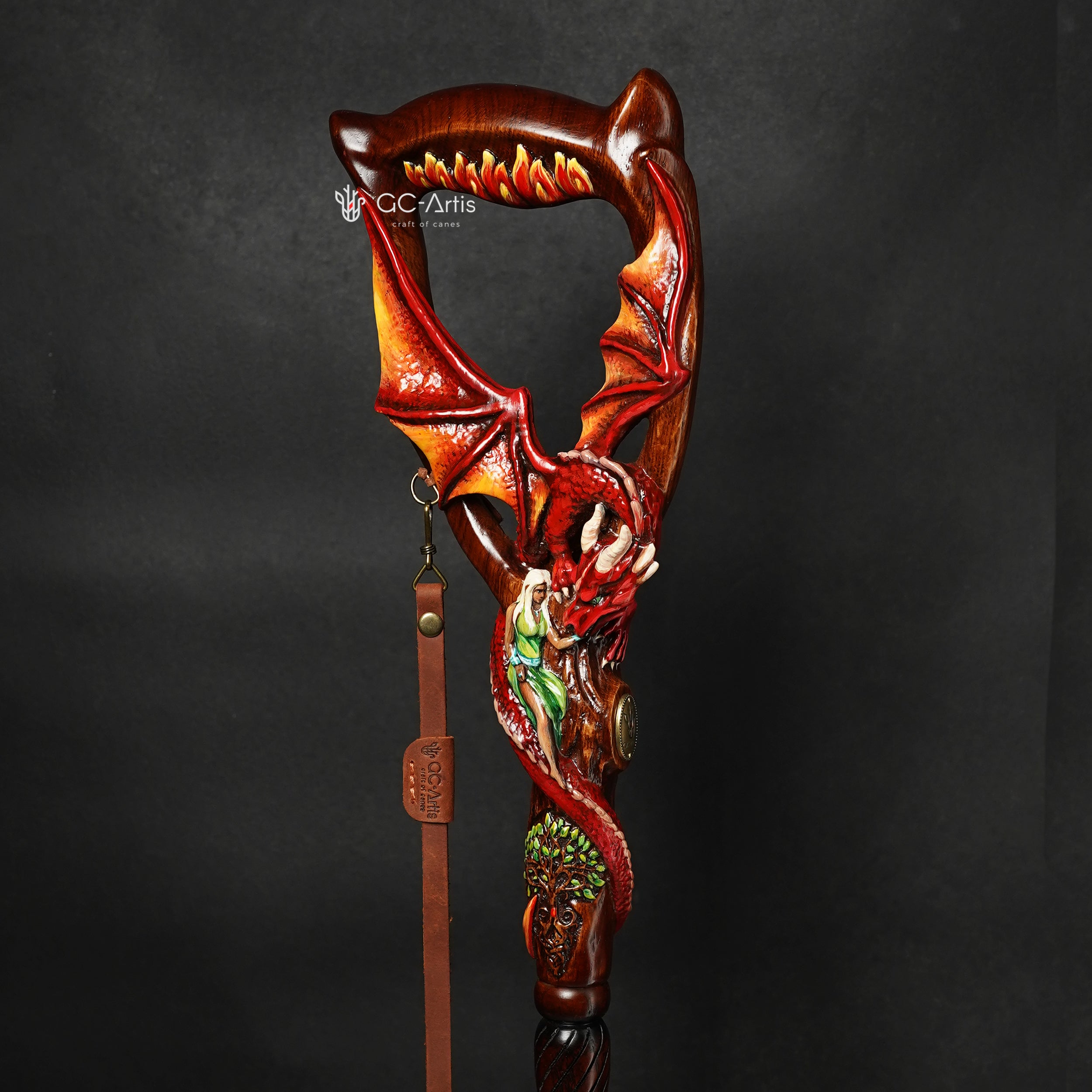 Hand Carved Wooden Walking Cane – Red Winged Dragon