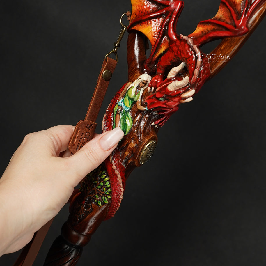 Hand Carved Wooden Walking Cane – Red Winged Dragon