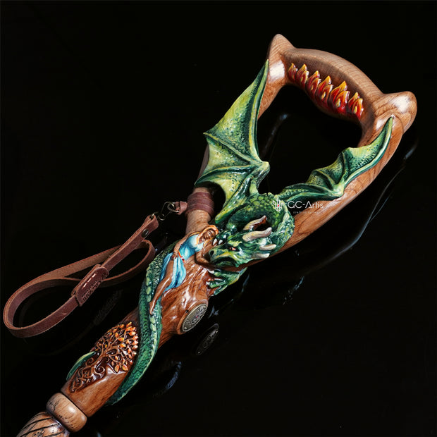 Winged Dragon Celtic Style walking stick cane Light Wood