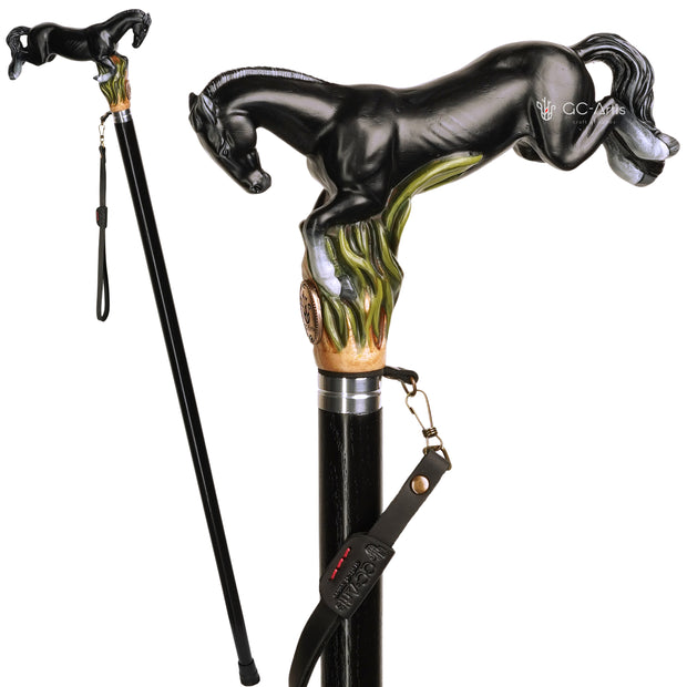 Sprint Horse Hand Painted Black – Designer Wooden Walking Cane
