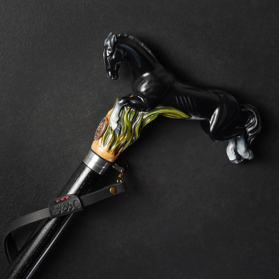 Sprint Horse Hand Painted Black – Designer Wooden Walking Cane