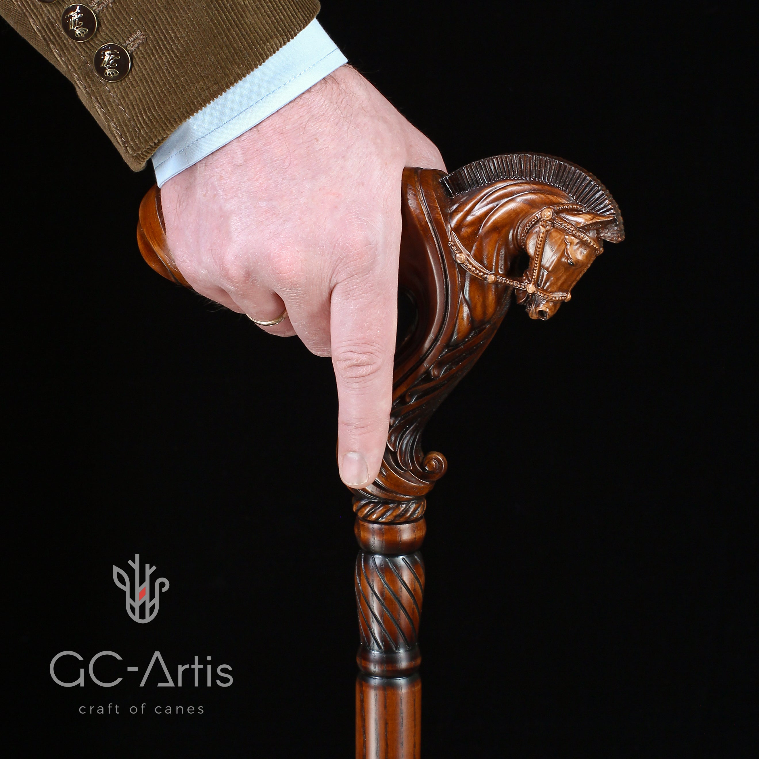Ergonomic Palm Grip Handle Pegasus Horse Wooden Cane Walking Stick