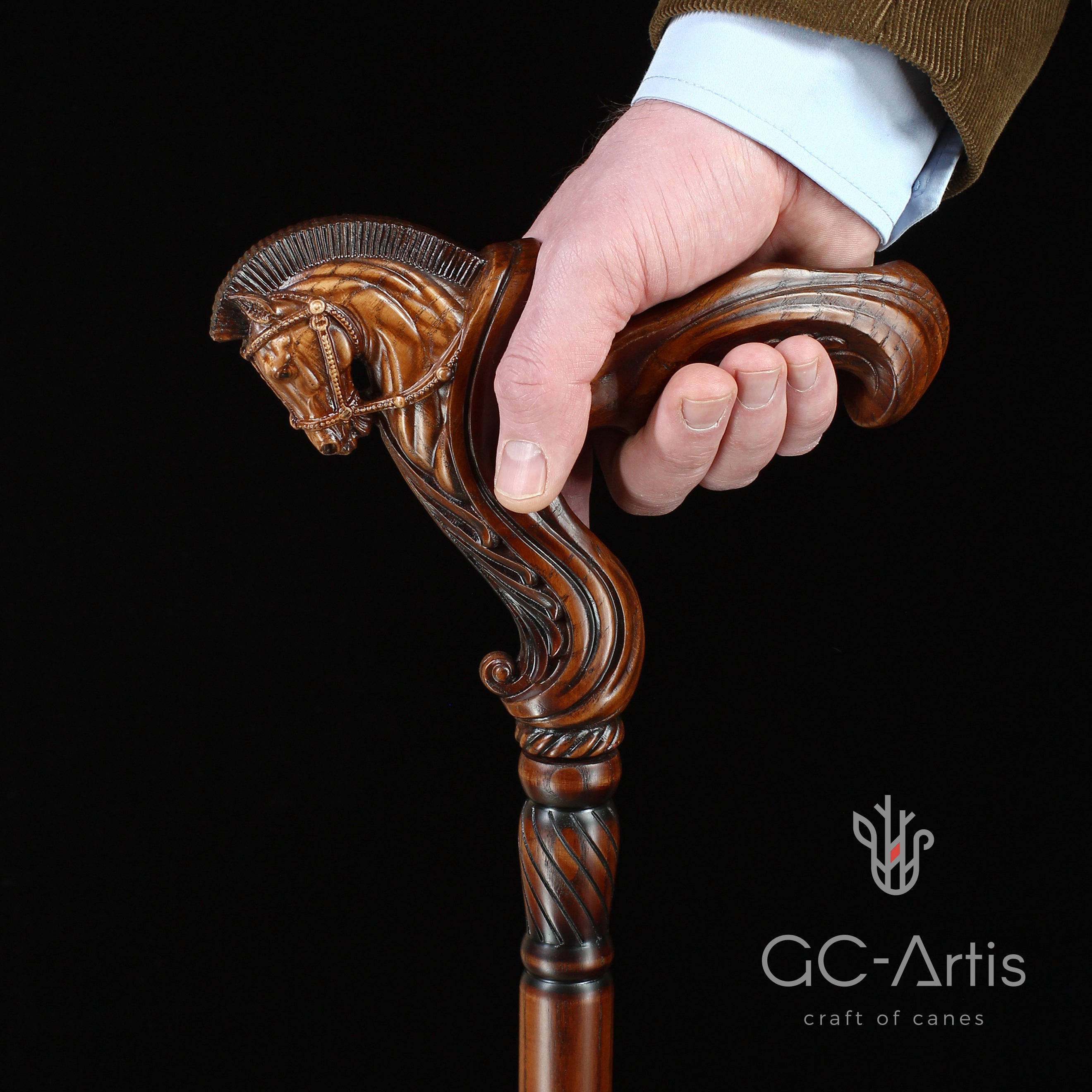 Ergonomic Palm Grip Handle Pegasus Horse Wooden Cane Walking Stick