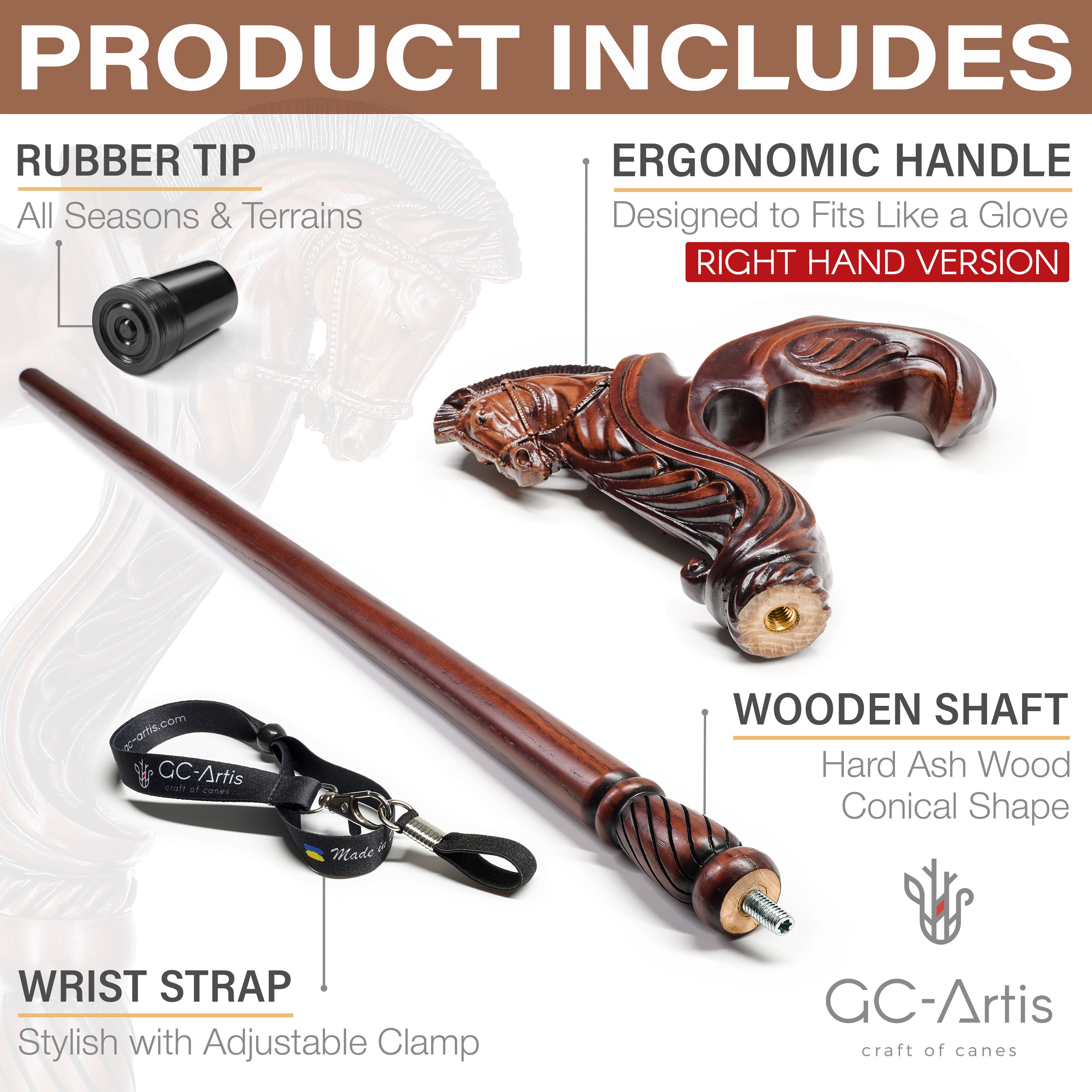 Ergonomic Palm Grip Handle Pegasus Horse Wooden Cane Walking Stick