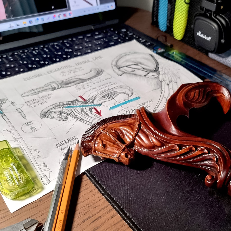Canne en bois Pegasus ergonomique avec poignée paume en forme de cheval